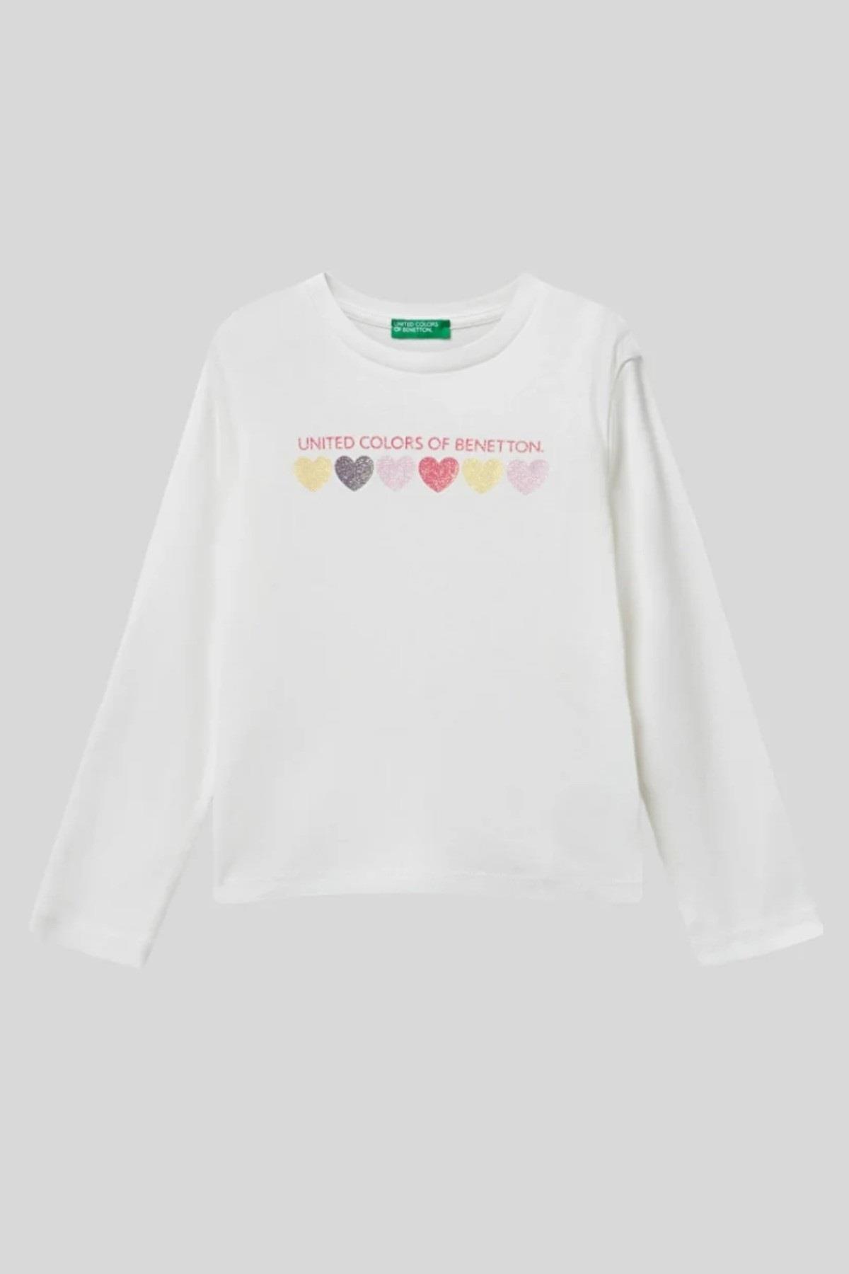 Benetton Kız Bebek 1-6 Yaş Logo Baskılı Uzunkol T-Shirt Beyaz