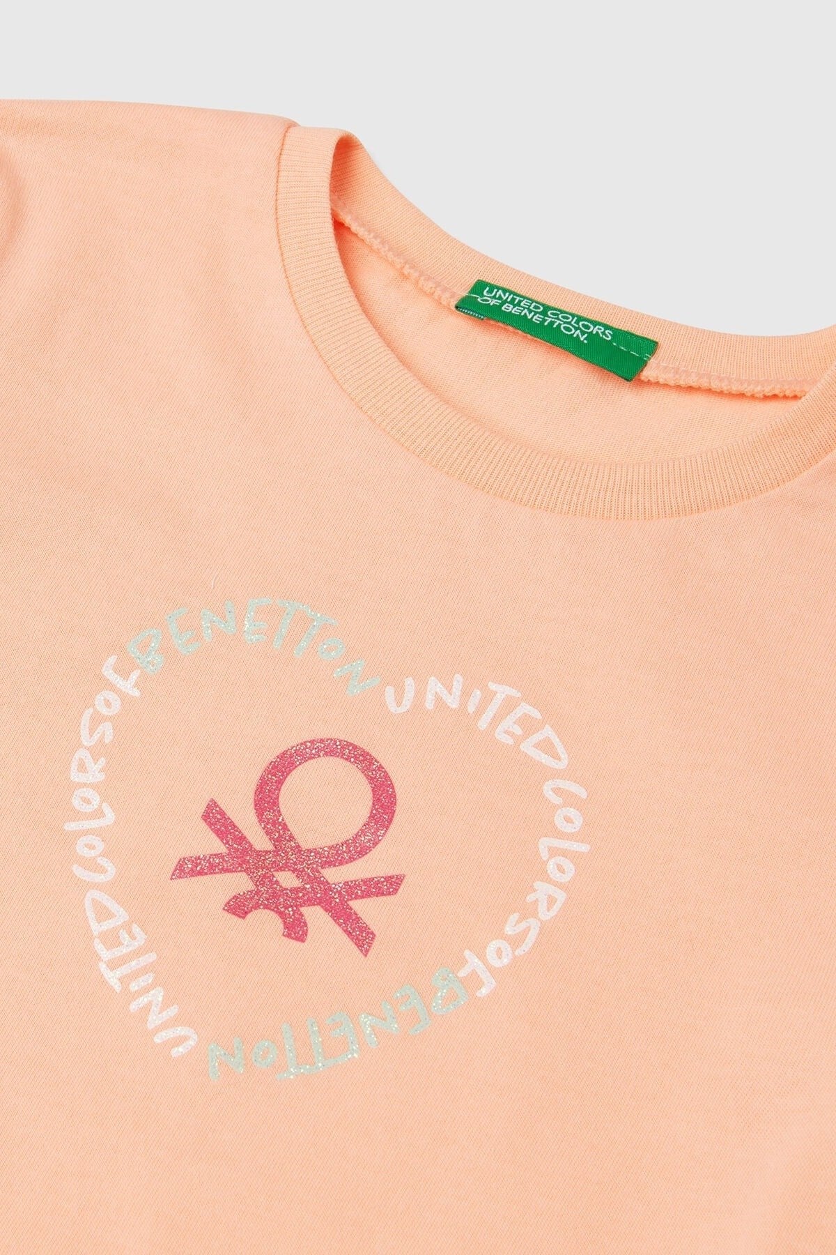 Benetton Kız Bebek 1-6 Yaş Logo Baskılı Kısa Kol T-shirt Somon