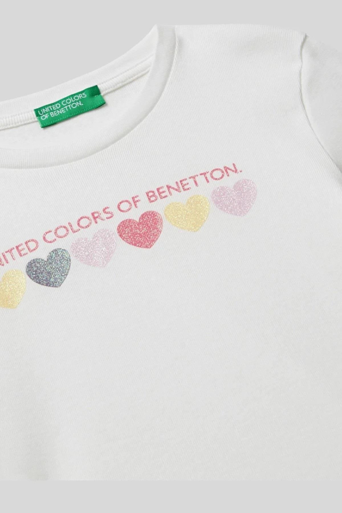 Benetton Kız Bebek 1-6 Yaş Logo Baskılı Uzunkol T-Shirt Beyaz