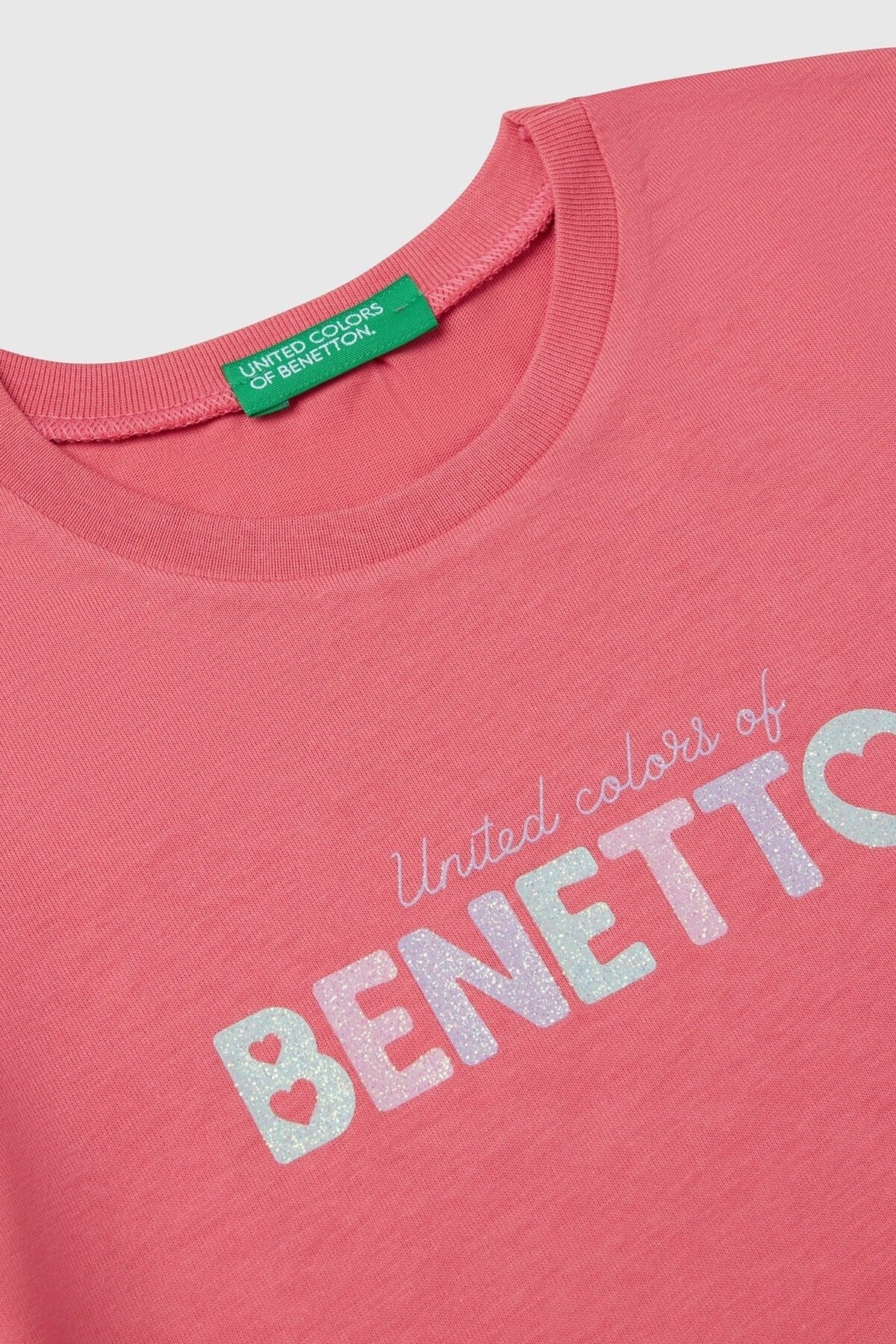 Benetton Kız Bebek 1-6 Yaş Logo Baskılı Kısa Kol T-shirt Pembe