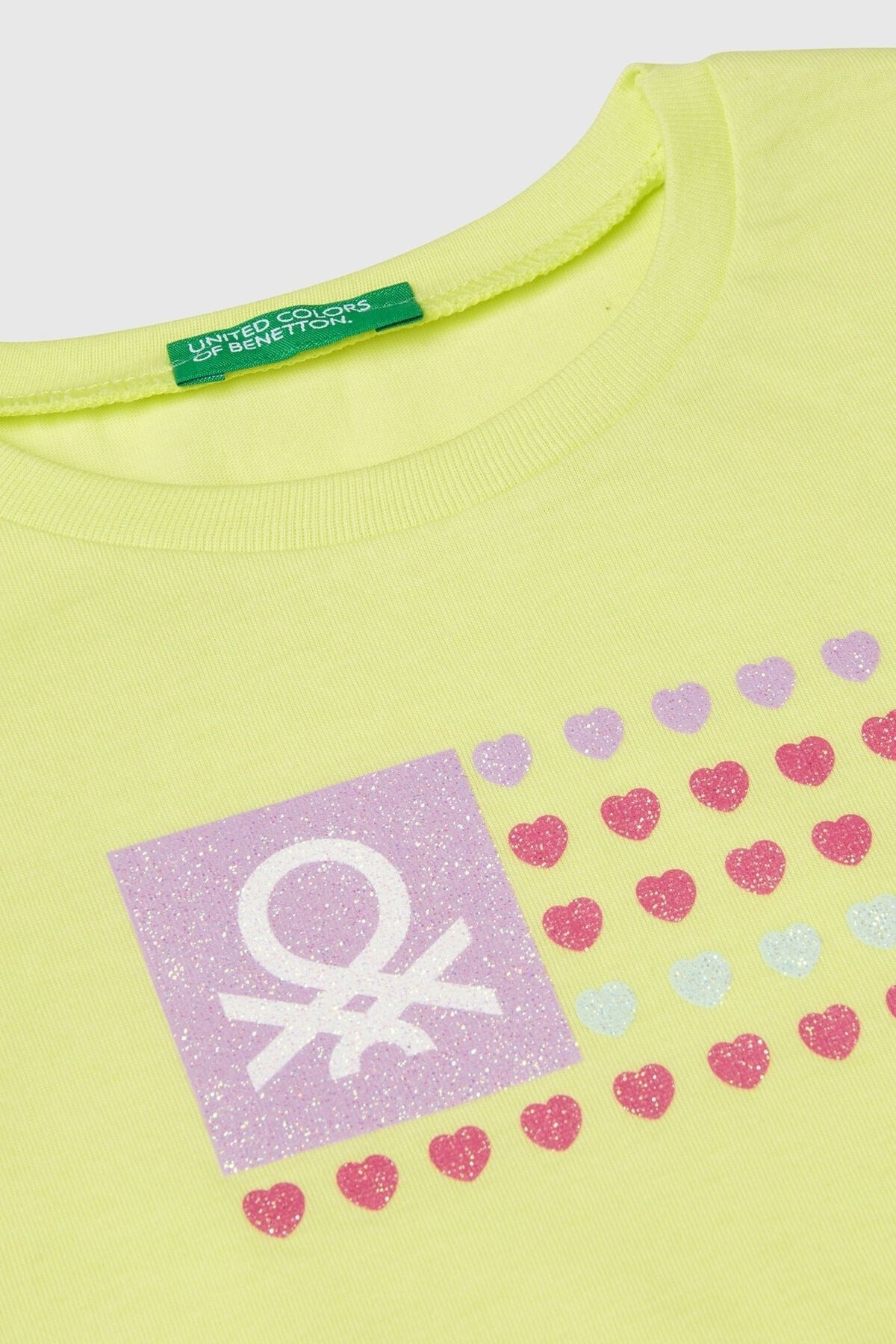 Benetton Kız Bebek 1-6 Yaş Logo Baskılı Kısa Kol T-shirt Neon Sarı