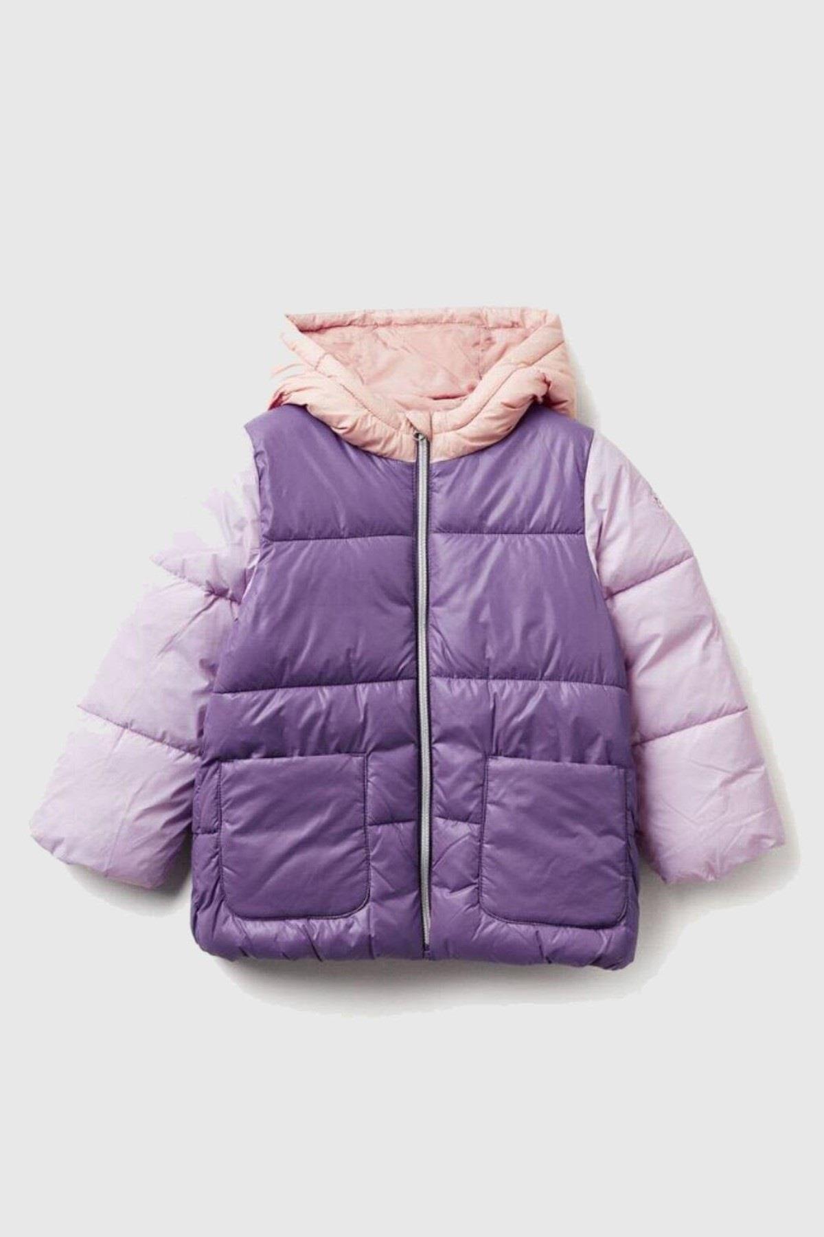 Benetton Kız Bebek 1-6 Yaş Logo İşlemeli Kapüşonlu Mont Mor