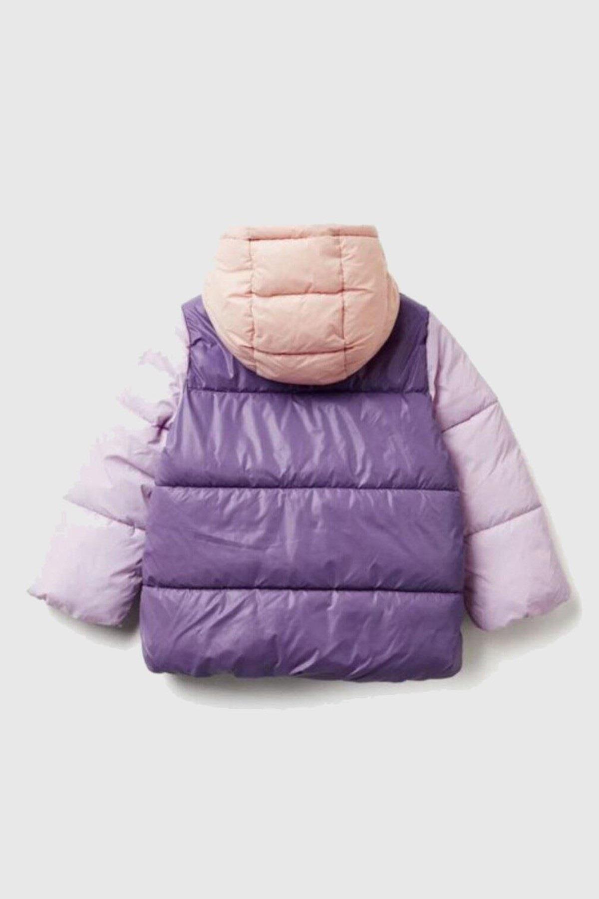 Benetton Kız Bebek 1-6 Yaş Logo İşlemeli Kapüşonlu Mont Mor