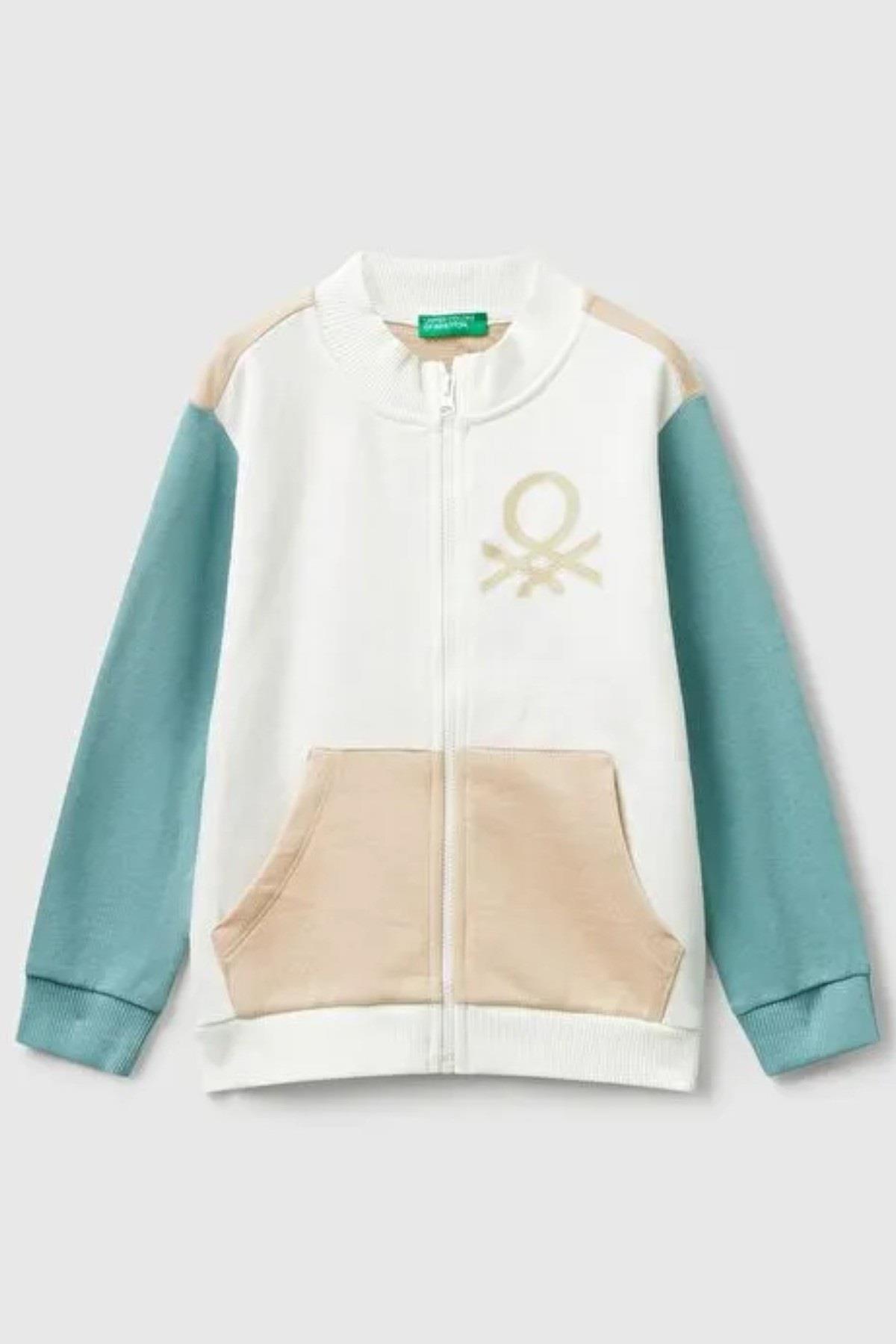 Benetton Kız Bebek 1-6 Yaş Simli Logo Baskılı Fermuarlı Hırka Beyaz-Pembe