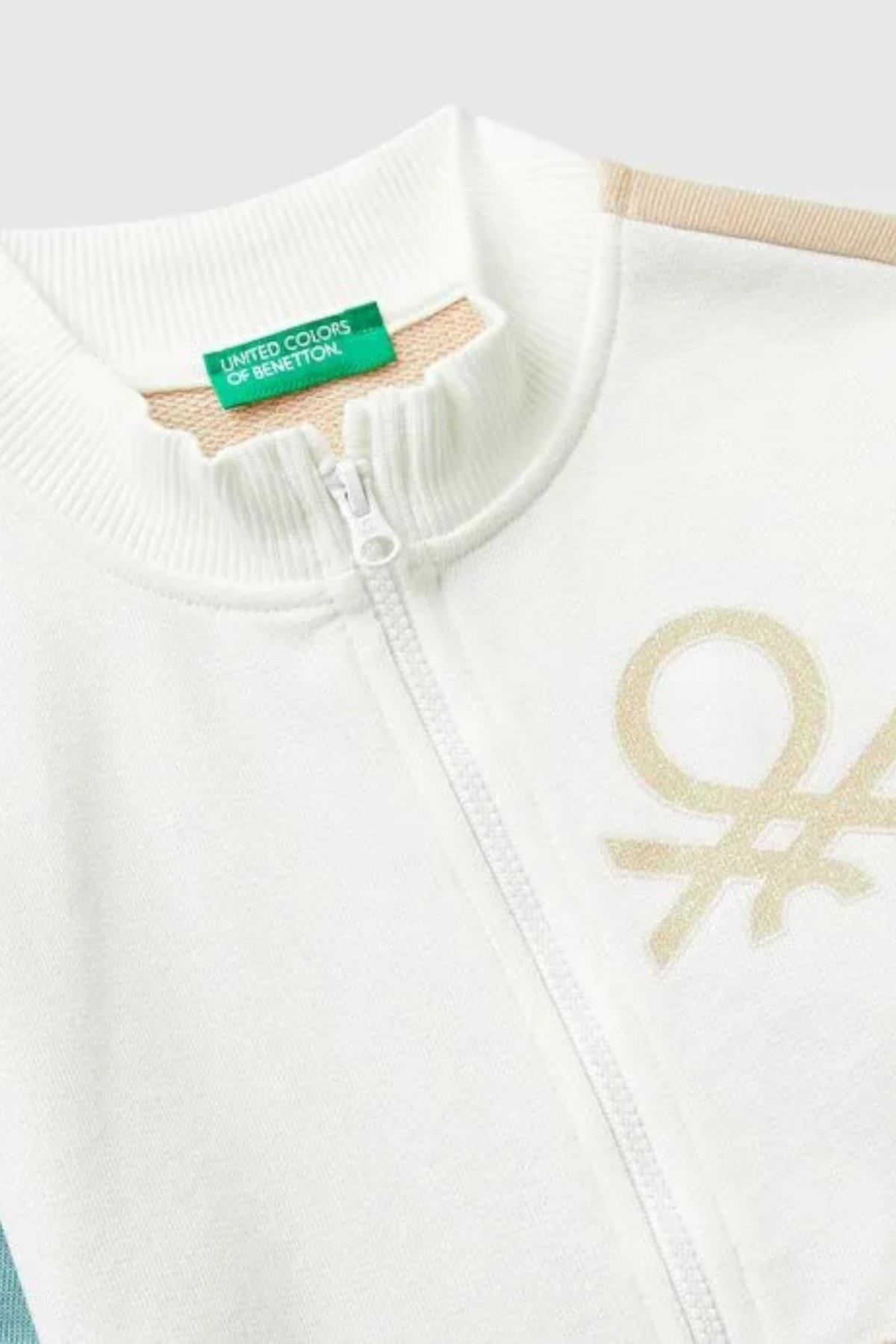 Benetton Kız Bebek 1-6 Yaş Simli Logo Baskılı Fermuarlı Hırka Beyaz-Pembe