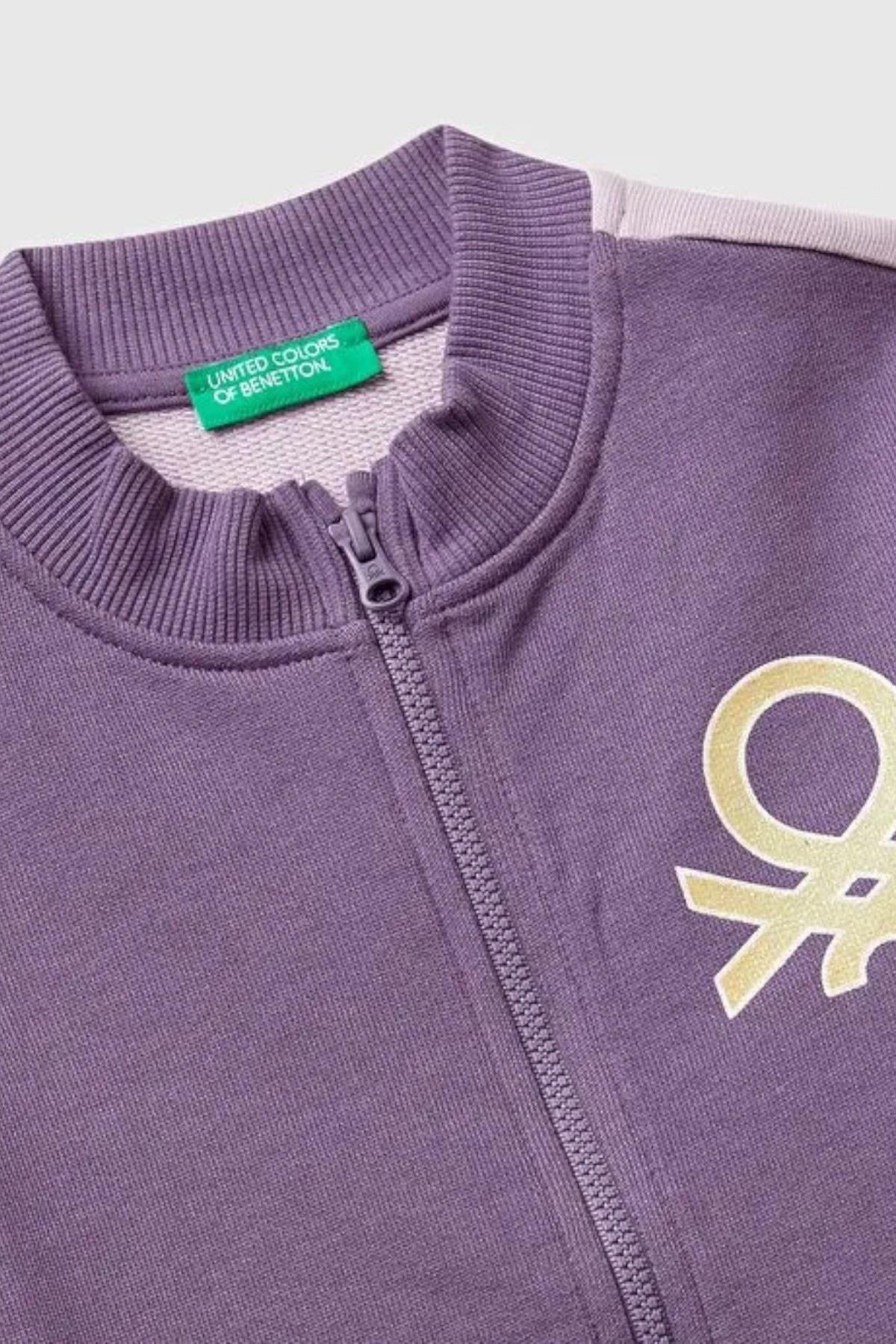 Benetton Kız Bebek 1-6 Yaş Simli Logo Baskılı Fermuarlı Hırka Mor