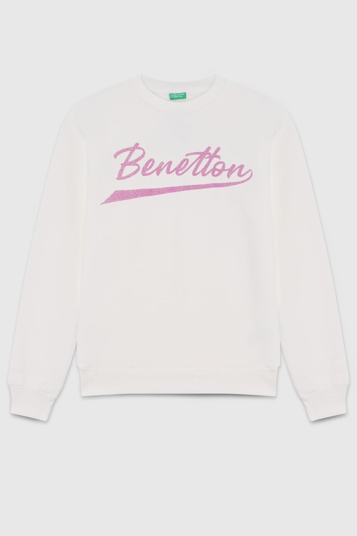 Benetton Kız Çocuk 4-14 Yaş Baskılı Bisiklet Yaka Sweatshirt Ekru