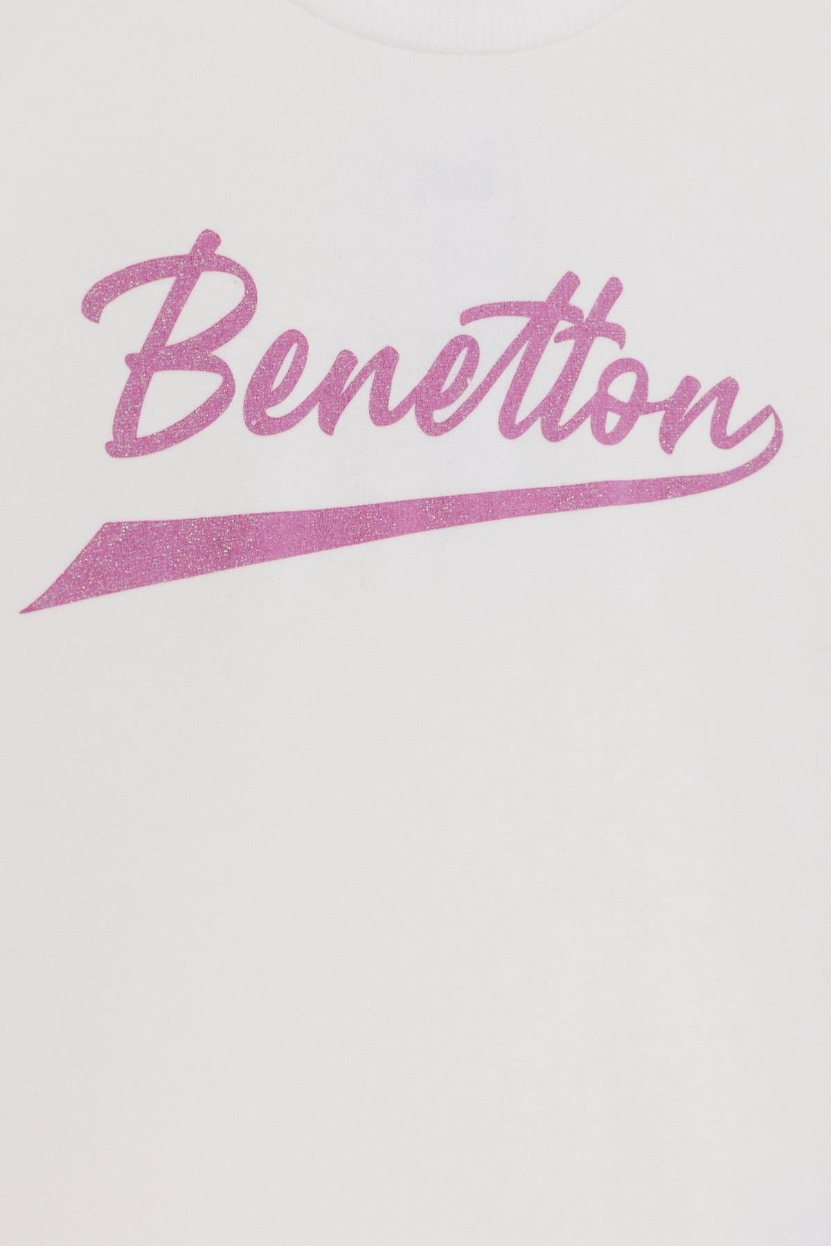 Benetton Kız Çocuk 4-14 Yaş Baskılı Bisiklet Yaka Sweatshirt Ekru