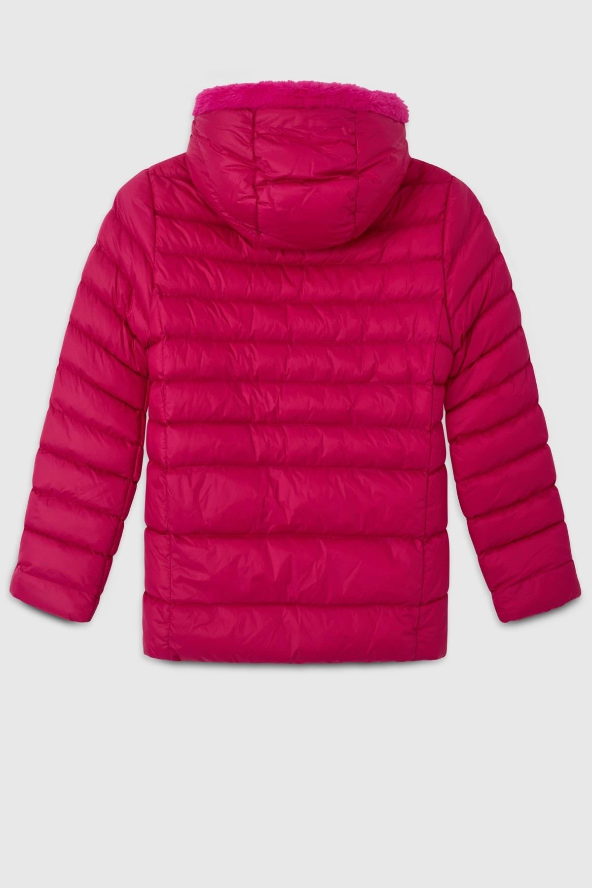 Benetton Kız Çocuk 4-14 Yaş Peluş Kapüşonlu Mont Fuşya