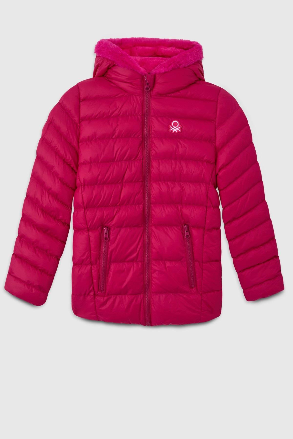 Benetton Kız Çocuk 4-14 Yaş Peluş Kapüşonlu Mont Fuşya