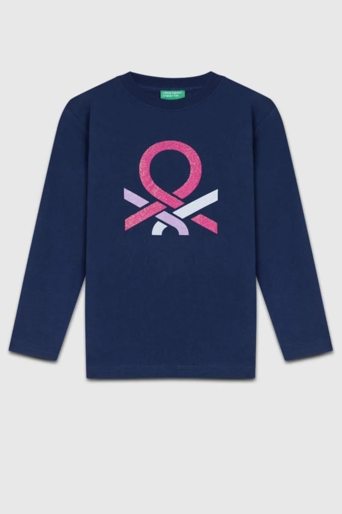 Benetton Kız Çocuk 4-14 Yaş Simli Logo Baskılı Uzunkol T-Shirt Lacivert