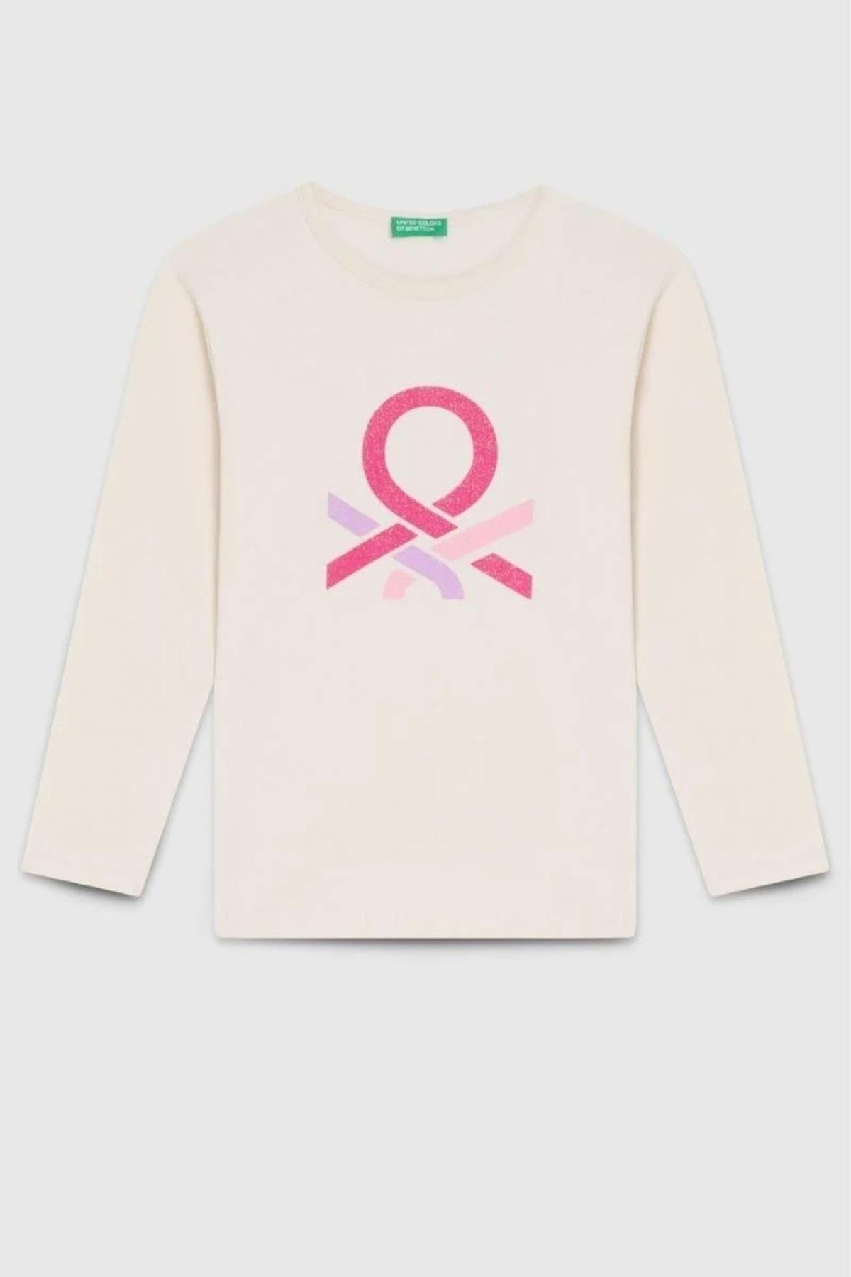 Benetton Kız Çocuk 4-14 Yaş Simli Logo Baskılı Uzunkol T-Shirt Ekru