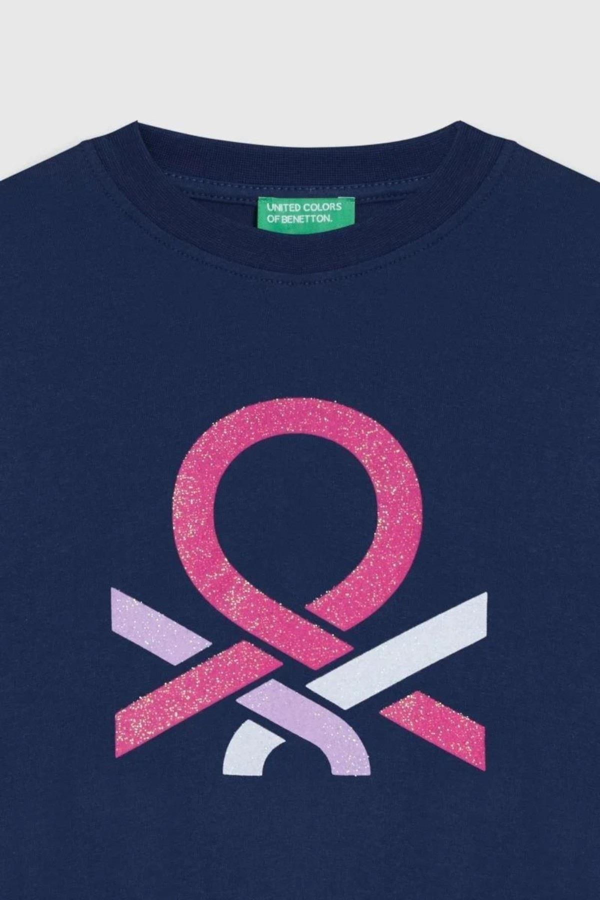 Benetton Kız Çocuk 4-14 Yaş Simli Logo Baskılı Uzunkol T-Shirt Lacivert