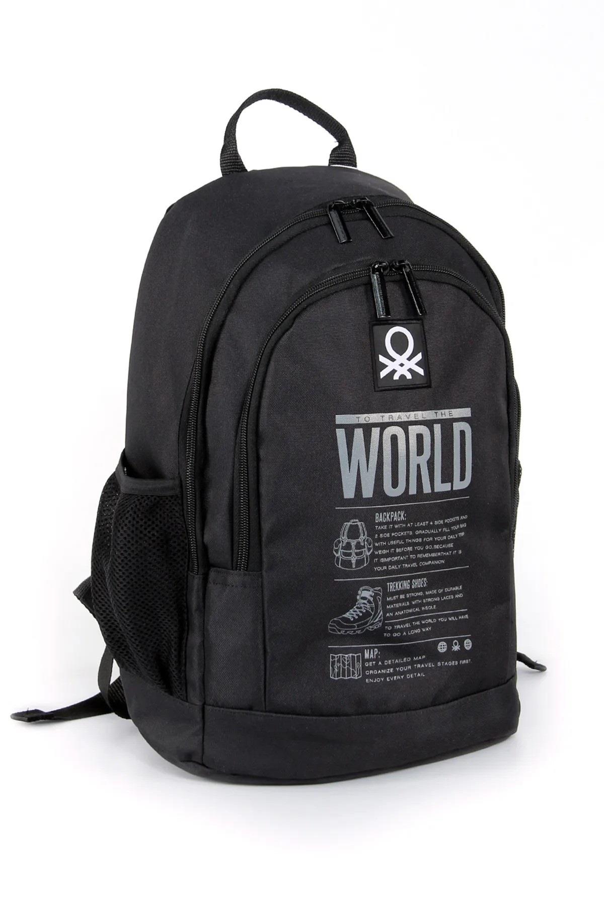 Benetton Unisex To Travel The World Baskılı Sırt Çantası 03830 Siyah