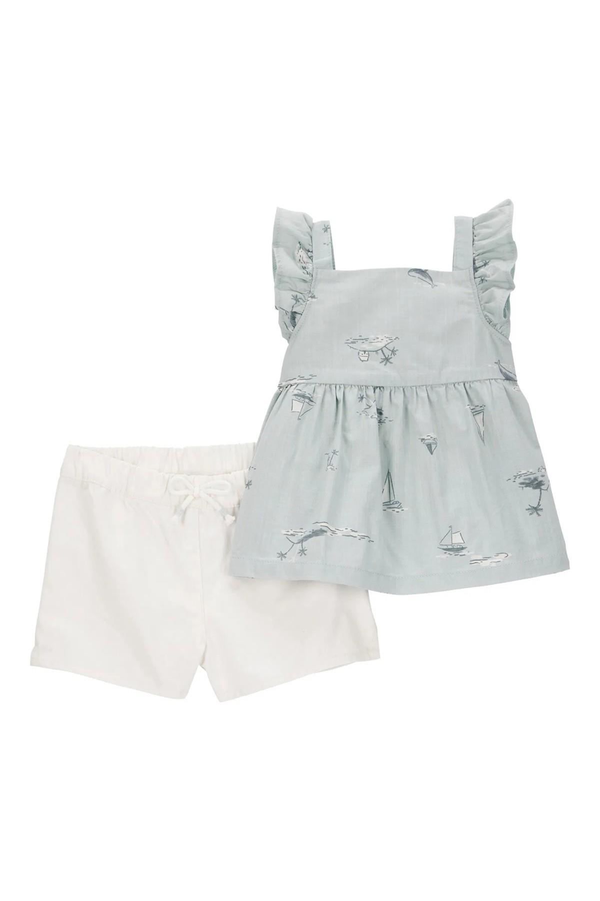Carters Kız Bebek 3-24 Ay Desenli Bluz-Şort İkili Takım Mint