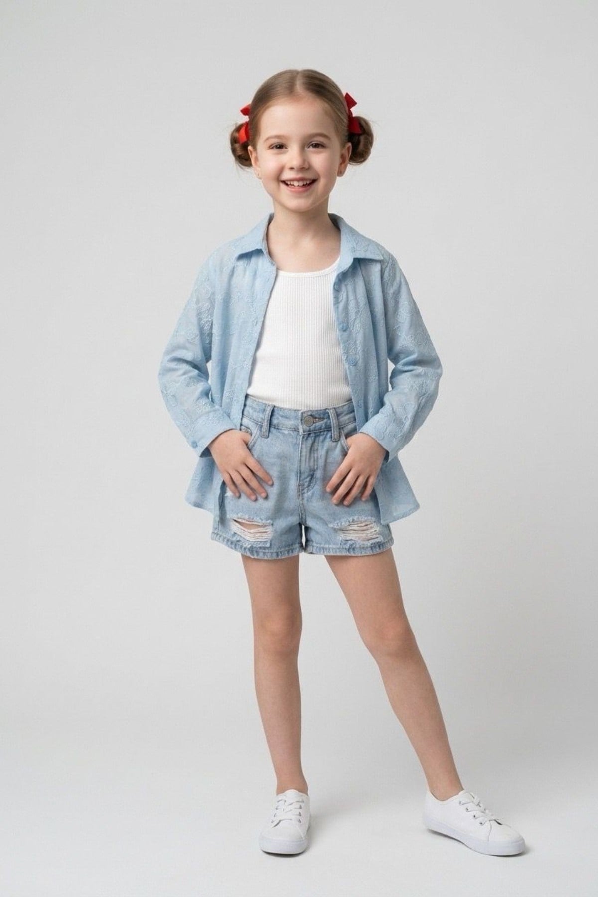 Cuties Kız Çocuk 5-14 Yaş Çiçek Nakışlı Pamuklu Gömlek Mavi