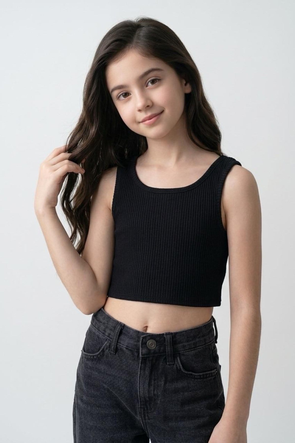 Cuties Kız Çocuk 5-14 Yaş Kaşkorse Kalın Askılı Crop Siyah
