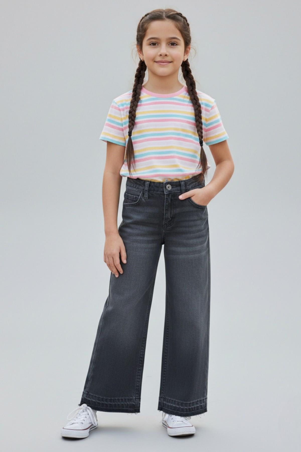 Cuties Kız Çocuk 6-10 Yaş Paçası Püsküllü Bol Paça Pantolon Antrasit