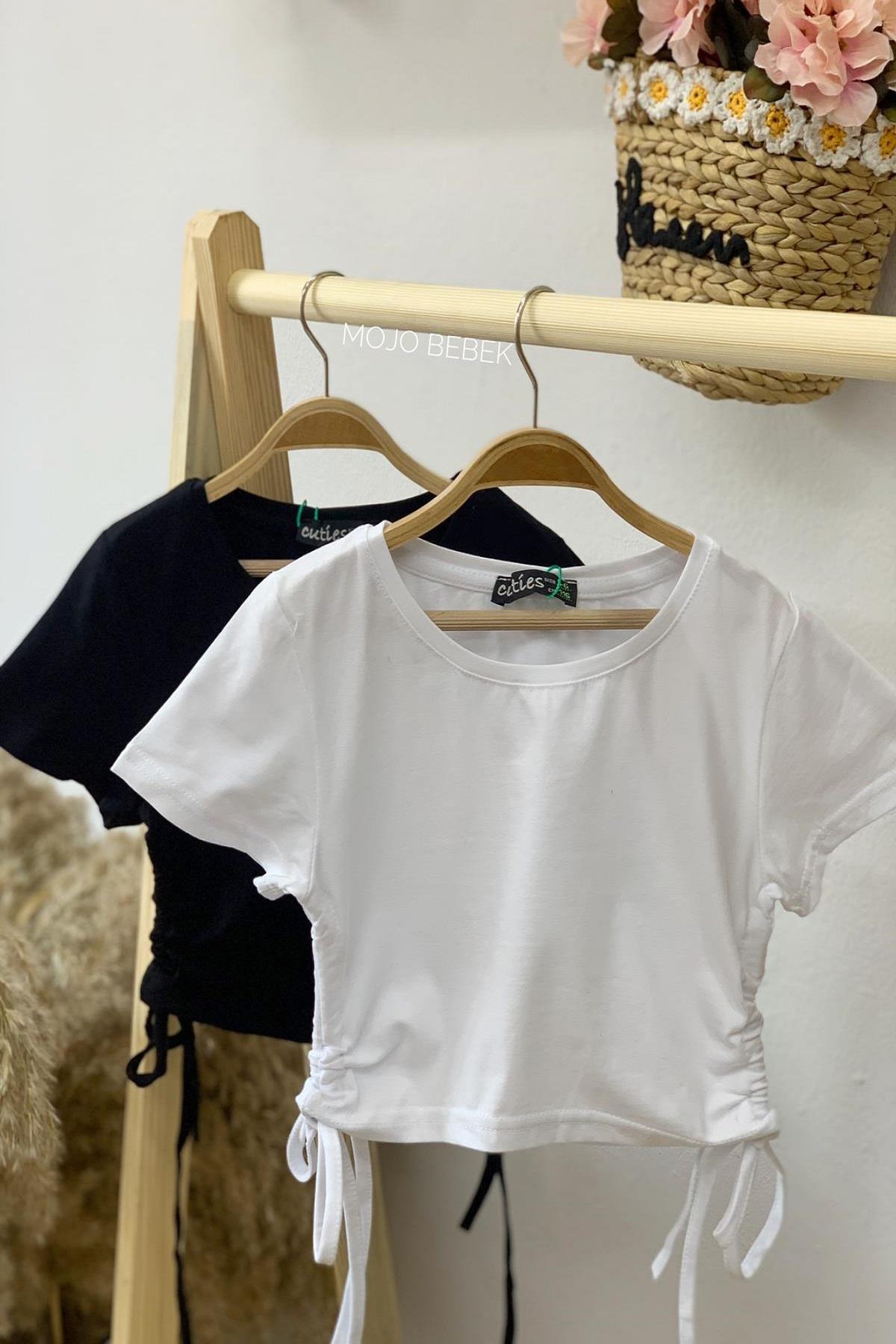 Cuties Kız Çocuk Basic Büzgülü Kısa Kol T-shirt 3258 Beyaz