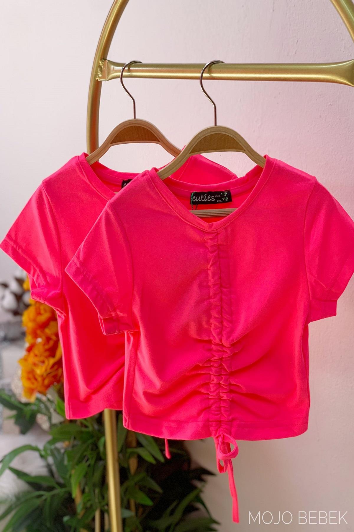 Cuties Kız Çocuk Büzgülü Kısa Kol T-shirt 3309 Fuşya