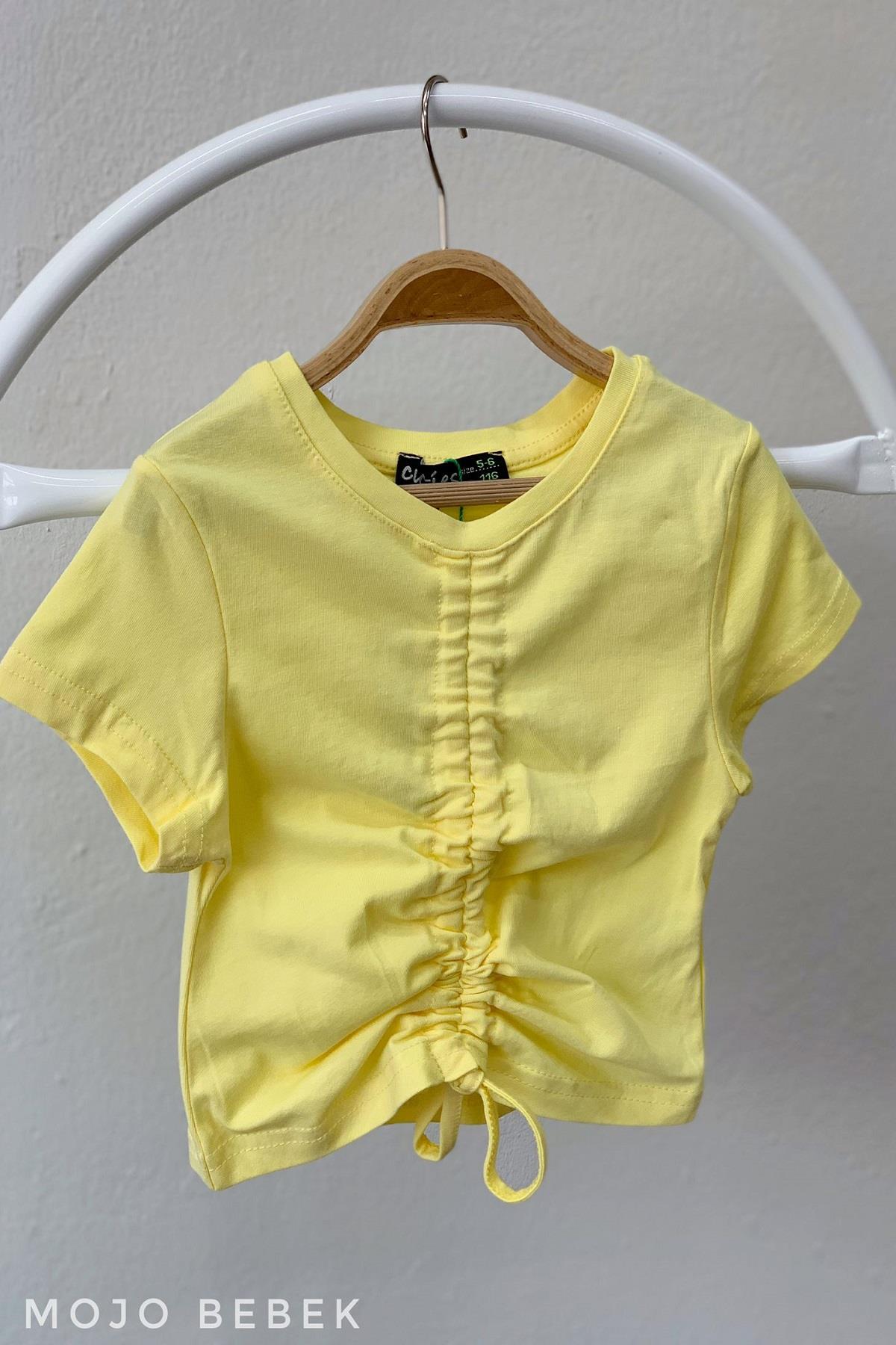 Cuties Kız Çocuk Büzgülü Kısa Kol T-shirt 3309 Sarı