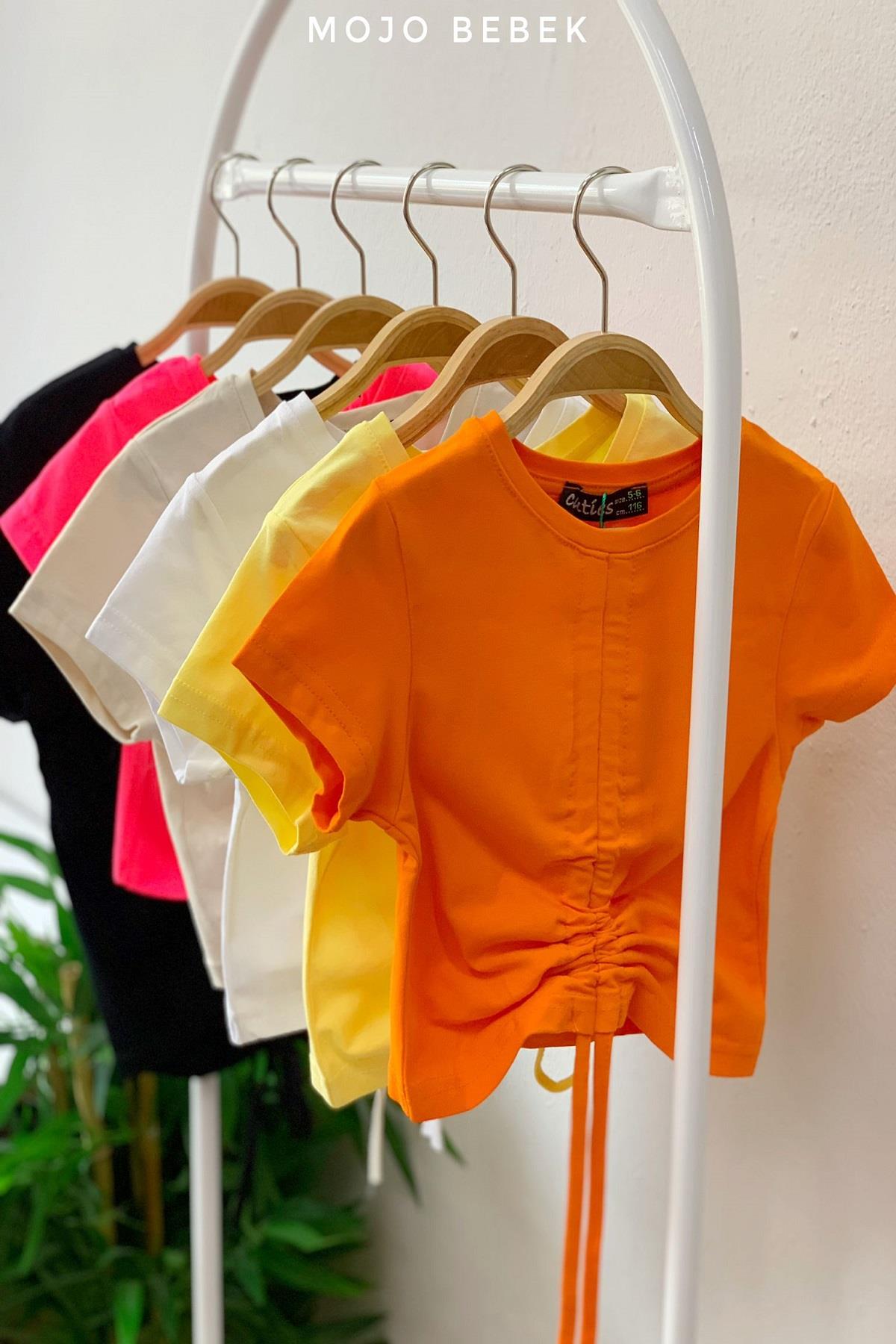Cuties Kız Çocuk Büzgülü Kısa Kol T-shirt 3309 Turuncu