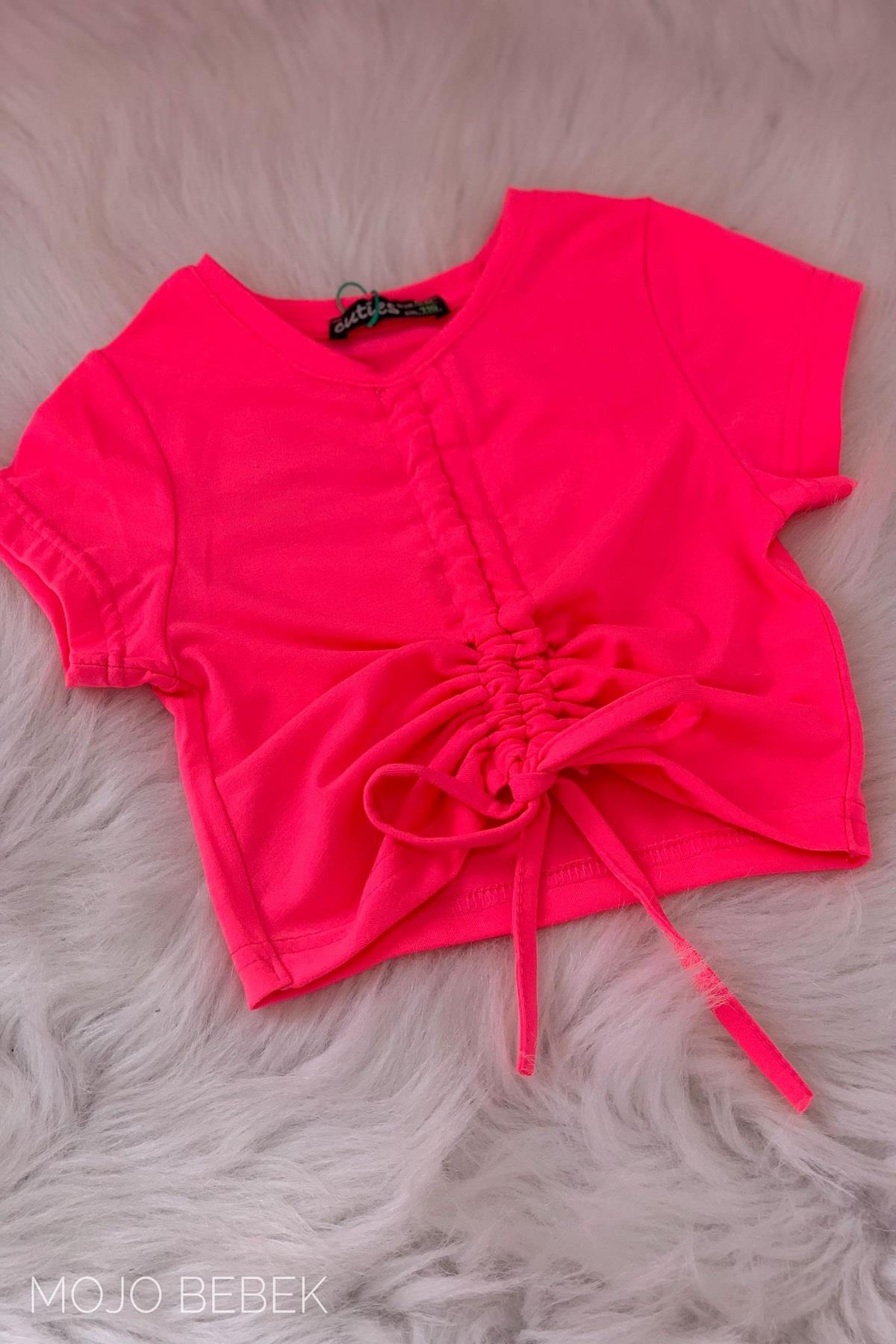 Cuties Kız Çocuk Büzgülü Kısa Kol T-shirt 3309 Fuşya