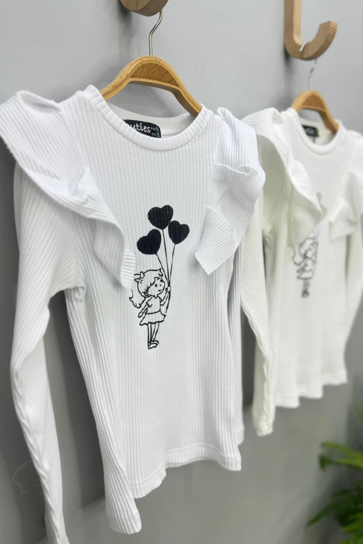 Cuties Kız Çocuk Fırfırlı Kol Baskılı Kaşkorse Body 4222 Beyaz