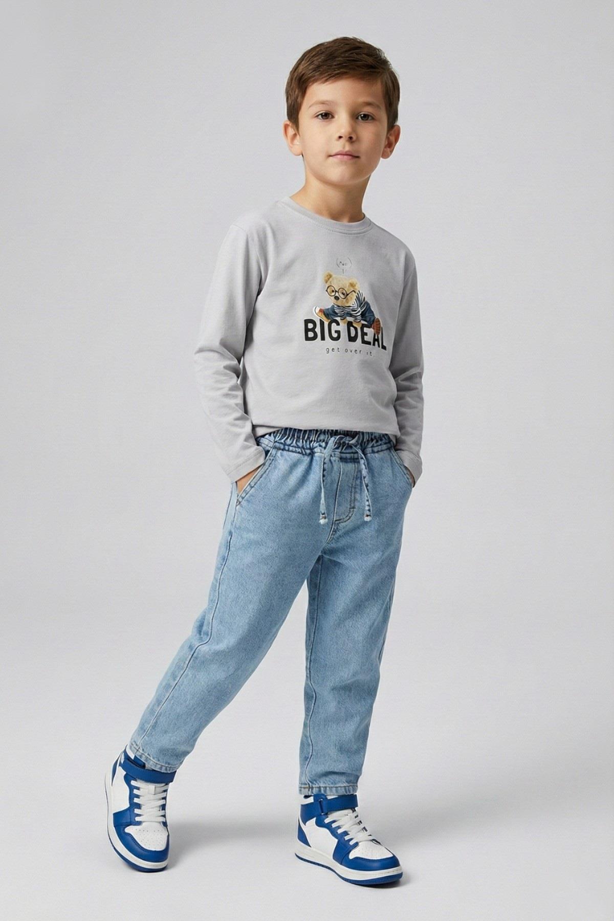 Dmb Erkek Çocuk 4-9 Yaş Teddy Bear Baskılı İnce Uzun Kol T-shirt Gri