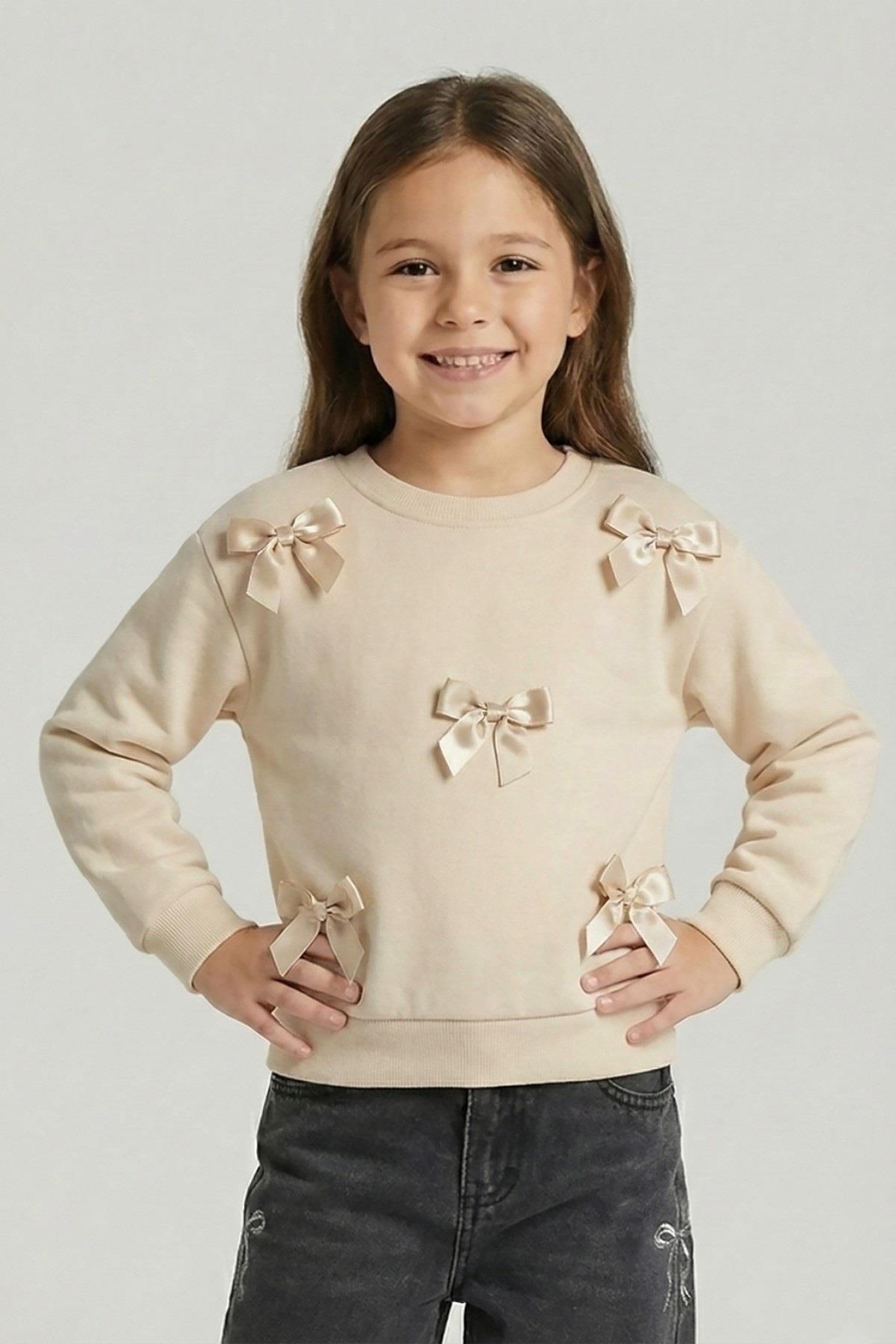 Dmb Kız Çocuk 1-7 Yaş Kurdelalı Mevsimlik Sweatshirt Bej