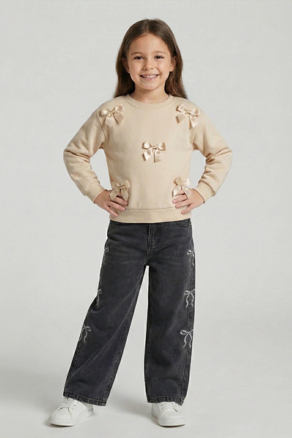 Dmb Kız Çocuk 1-7 Yaş Kurdelalı Mevsimlik Sweatshirt Bej
