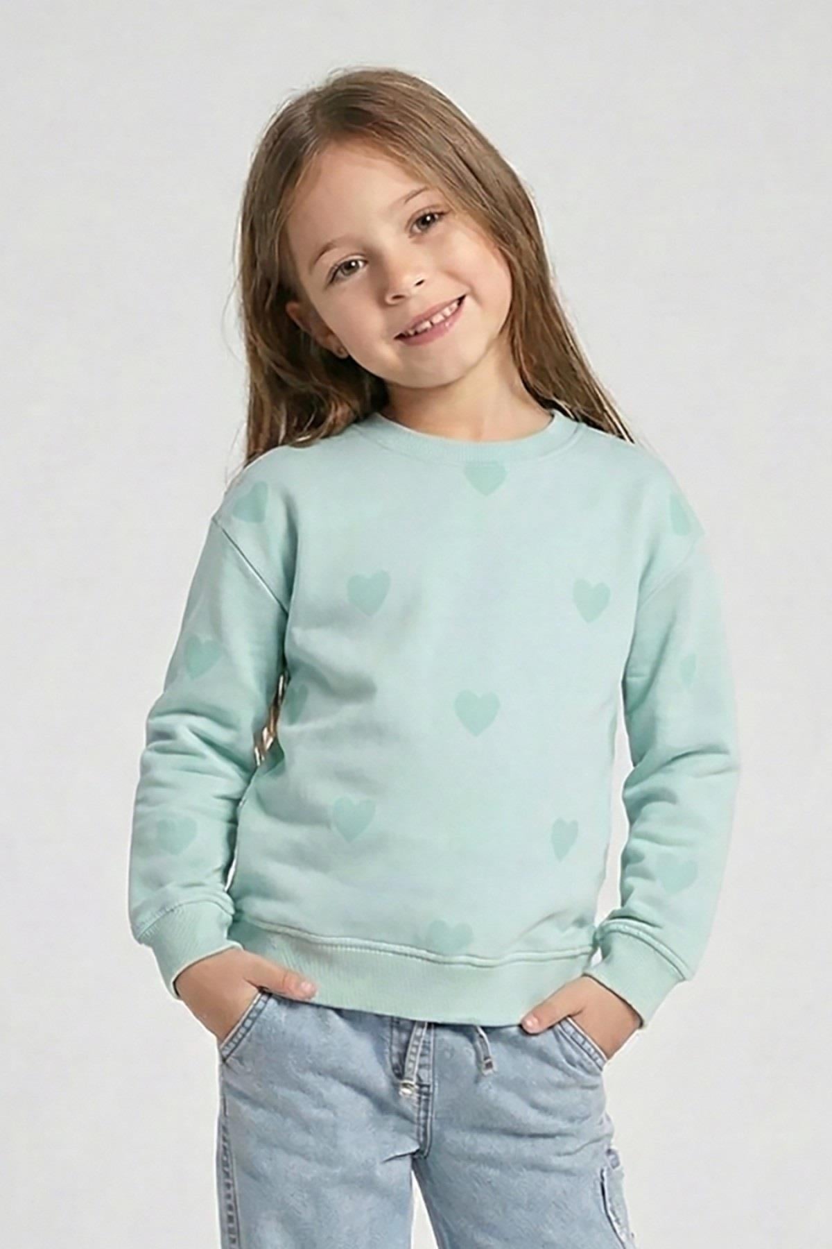 DMB Kız Çocuk 4-9 Yaş Kalp Desenli Mevsimlik Sweatshirt Mint