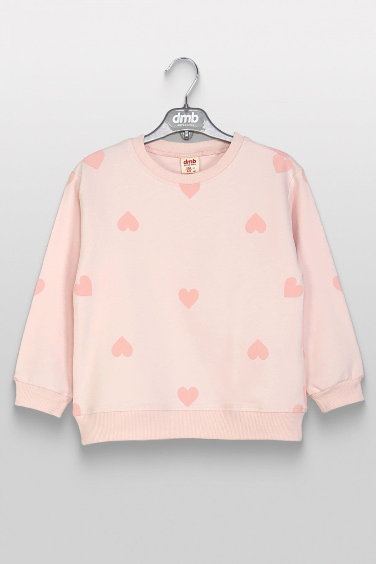 DMB Kız Çocuk 4-9 Yaş Kalp Desenli Mevsimlik Sweatshirt Pudra