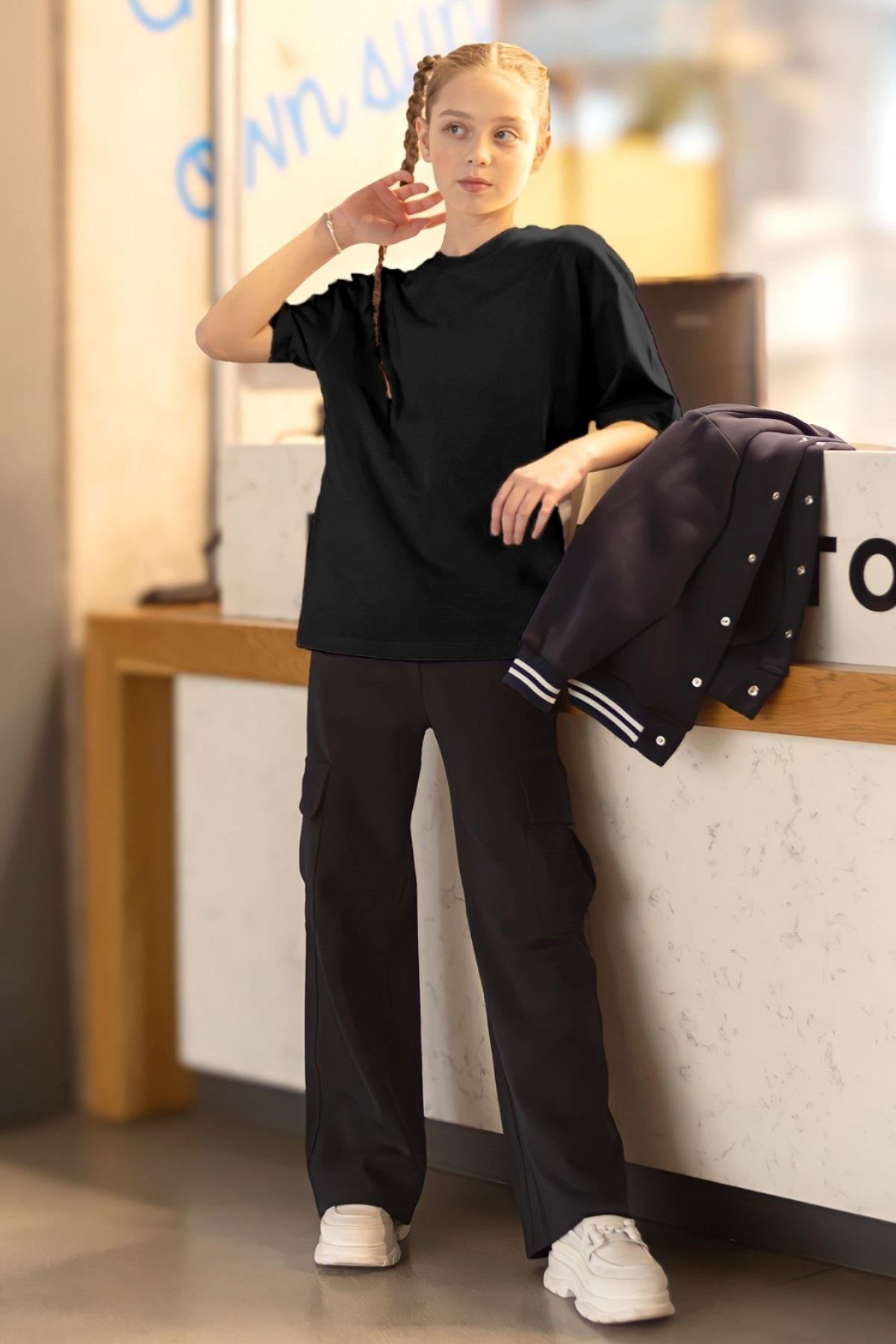 DMB Kız Çocuk 7-15 Yaş  Kısa Kol Oversize Basic T-shirt Siyah