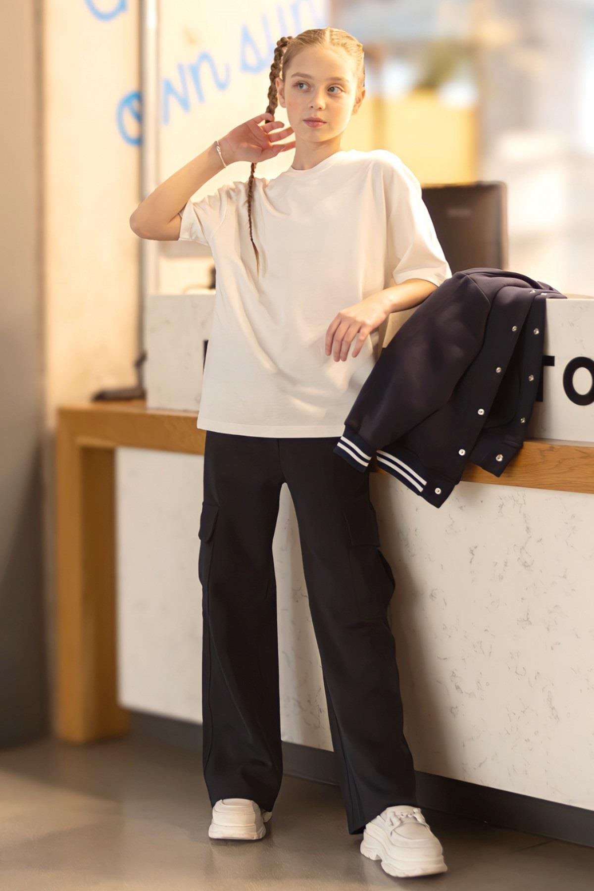 DMB Kız Çocuk 7-15 Yaş  Kısa Kol Oversize Basic T-shirt Ekru