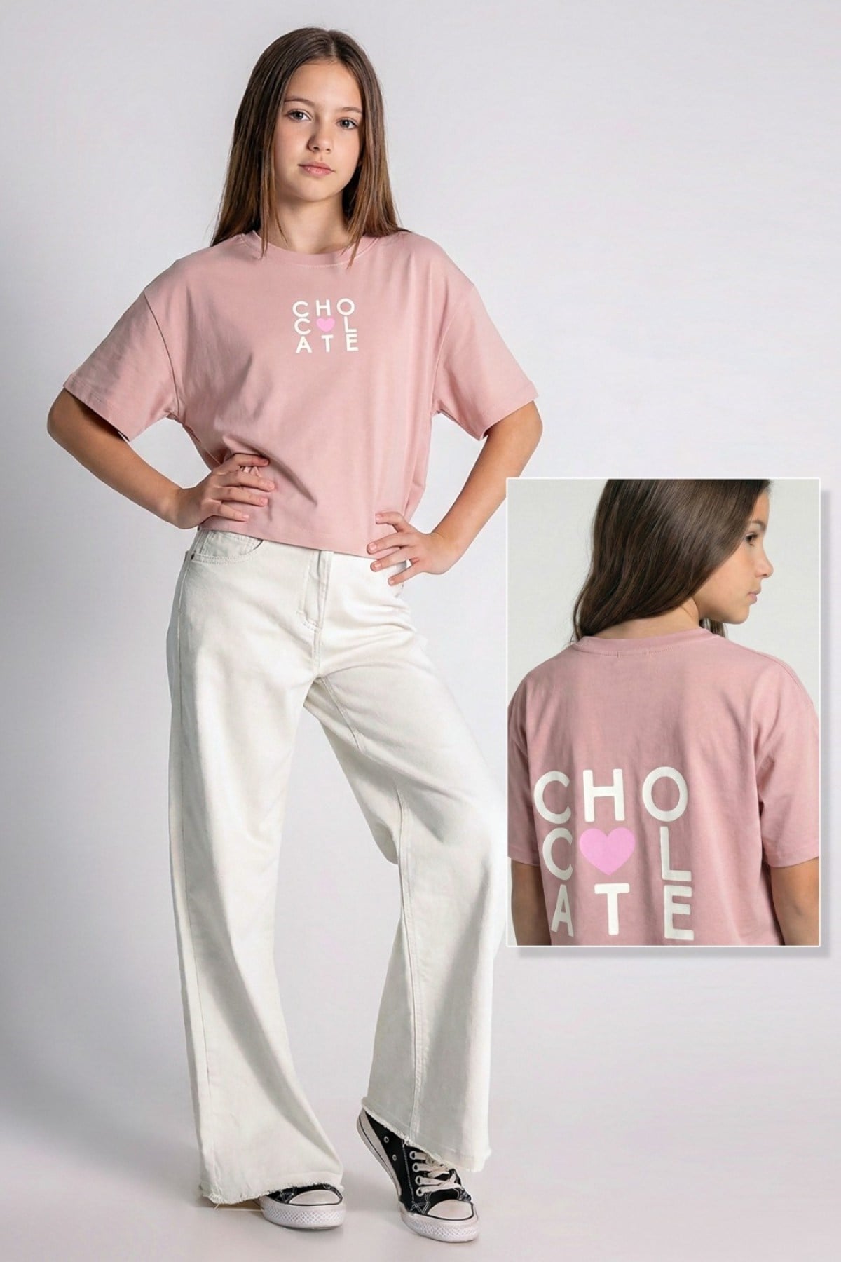 DMB Kız Çocuk 9-14 Yaş Desenli Kısa Kol Crop T-Shirt Pudra