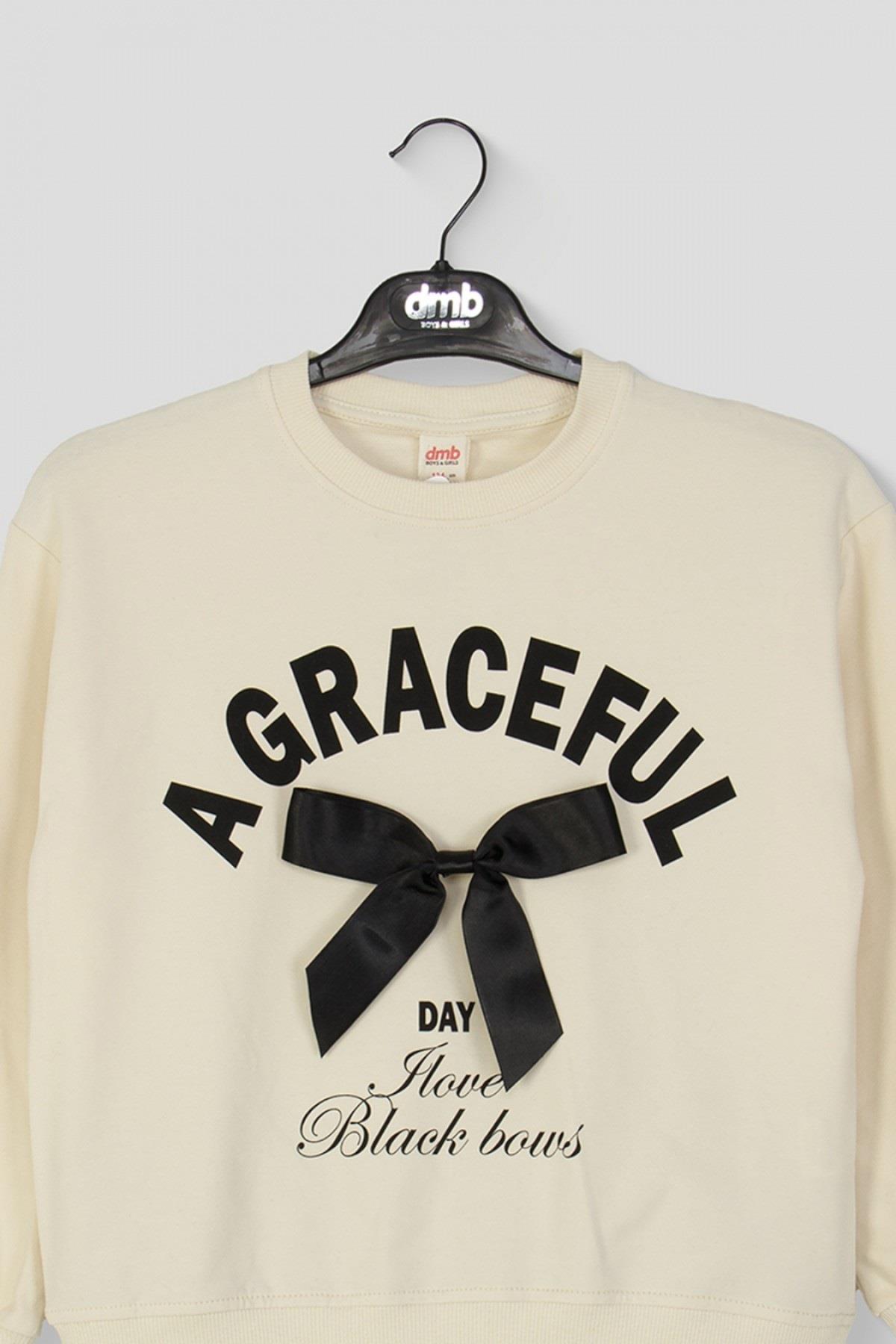 DMB Kız Çocuk 9-14 Yaş Kurdela Detaylı Sweatshirt Krem