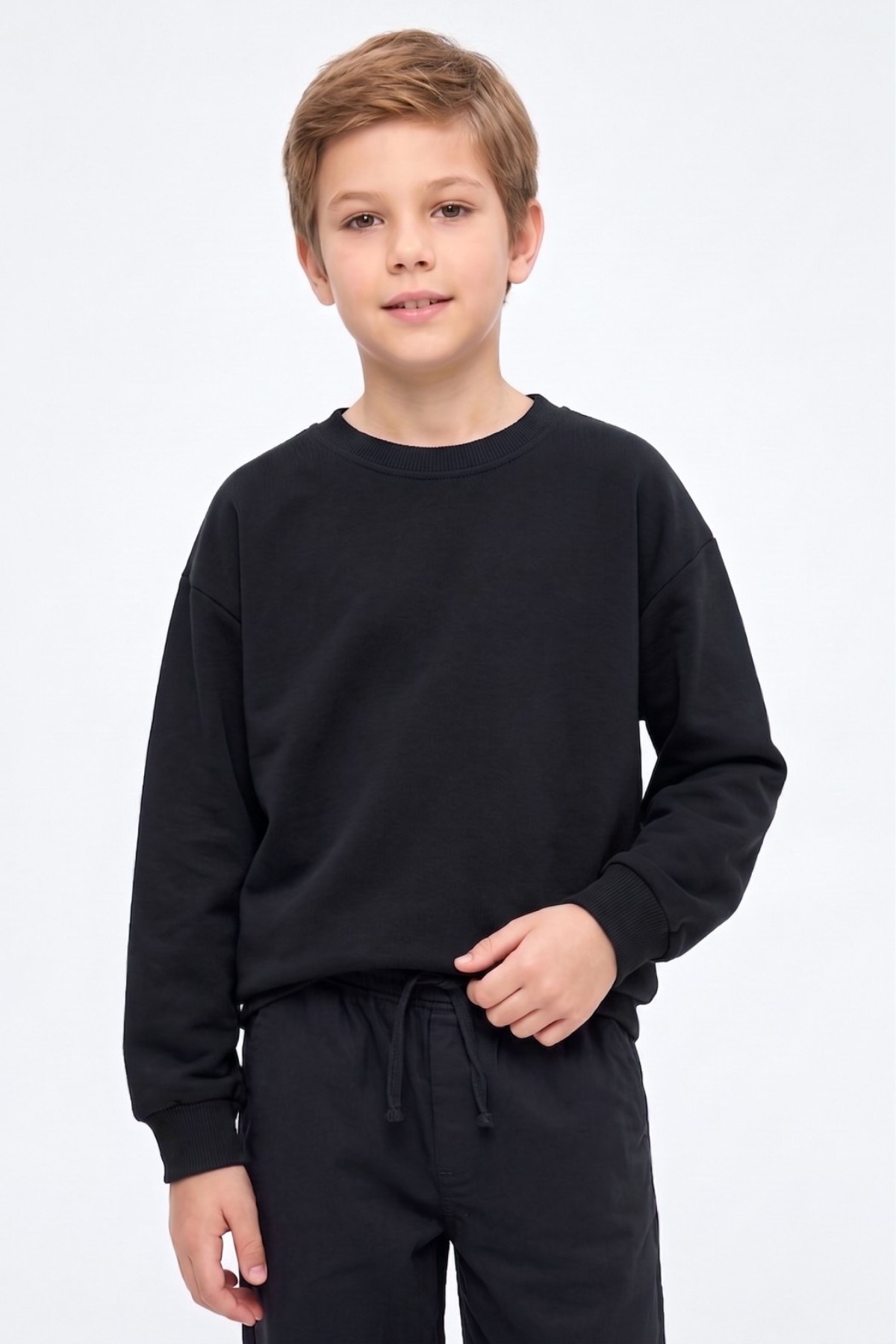 Dmb Unisex 7-15 Yaş Bisiklet Yaka Pamuklu Basic Sweatshirt Siyah