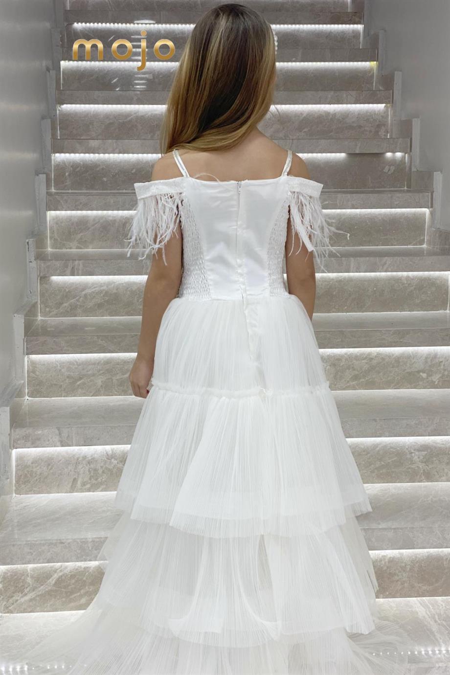 Erkut Abiye Düşük Kol Tokalı Kat Kat Etekli Abiye Elbise 624 Krem