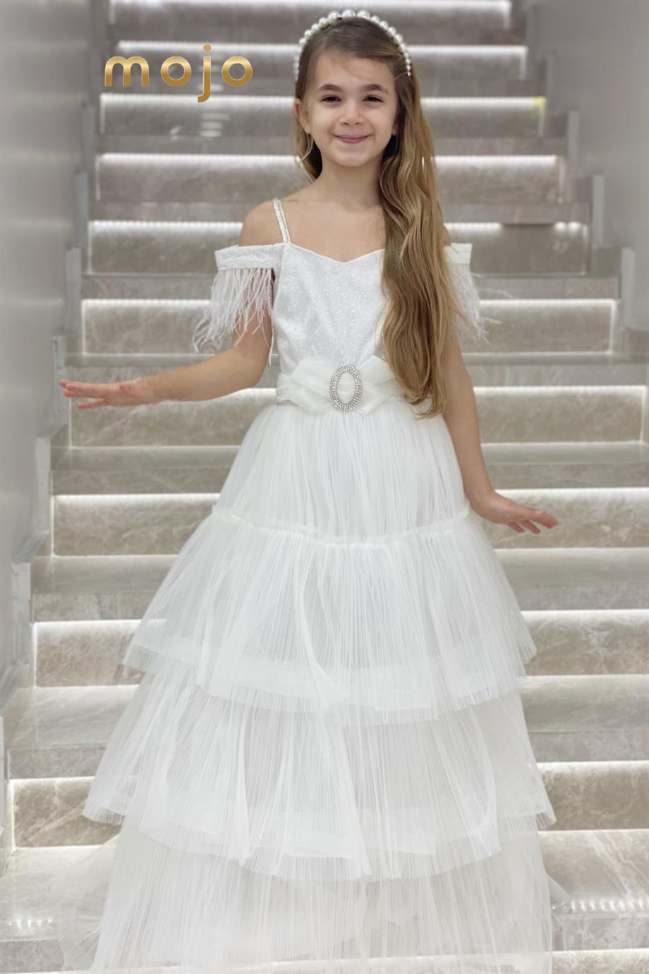 Erkut Abiye Düşük Kol Tokalı Kat Kat Etekli Abiye Elbise 624 Krem