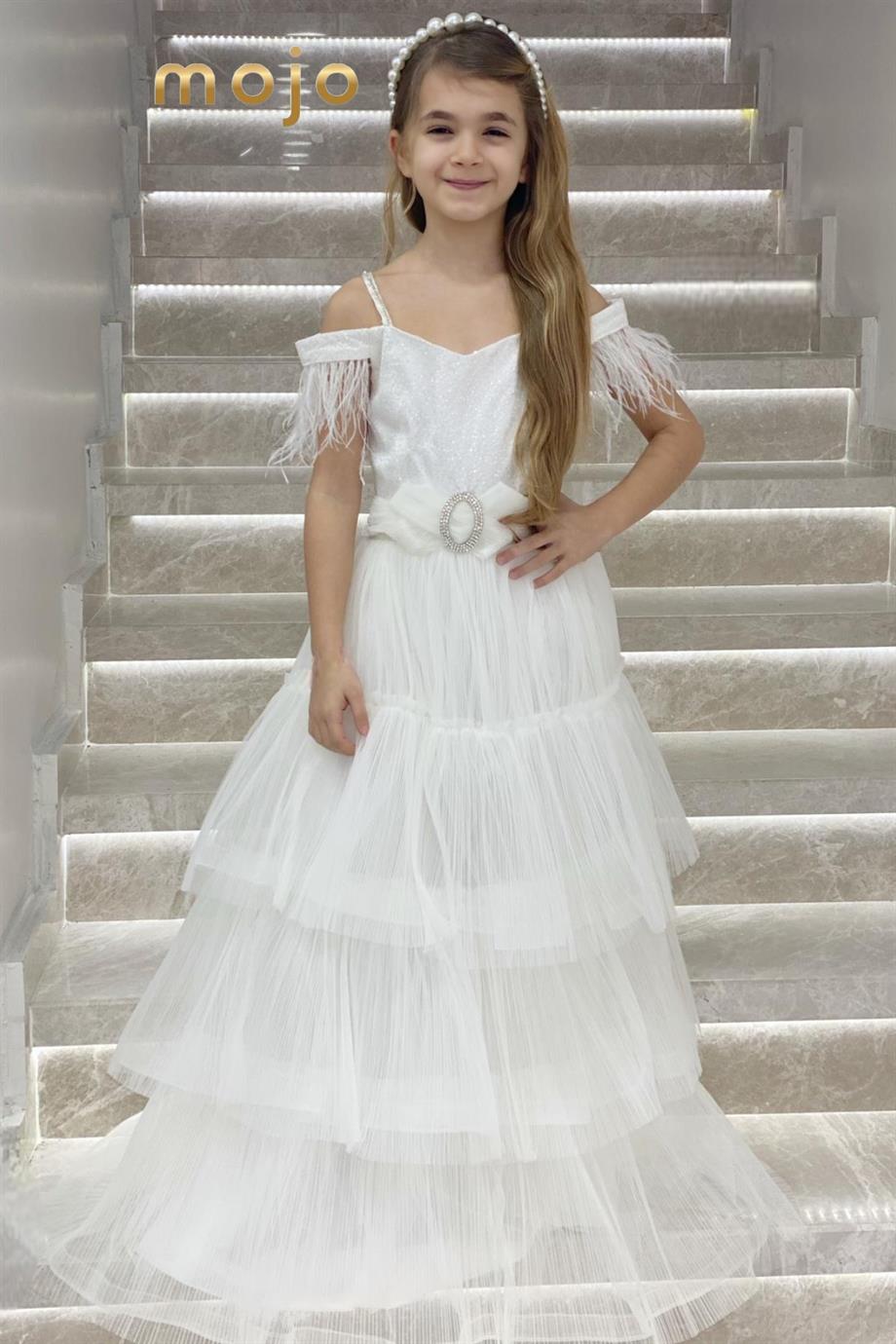 Erkut Abiye Düşük Kol Tokalı Kat Kat Etekli Abiye Elbise 624 Krem