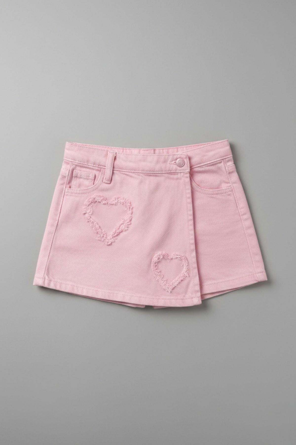 Escabel Kız Bebek 1-5 Yaş Kalp Desenli Denim Şort Etek Pembe
