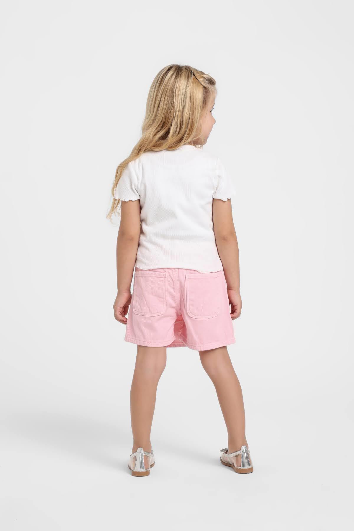 Escabel Kız Bebek 1-5 Yaş Kalp Desenli Denim Şort Etek Pembe
