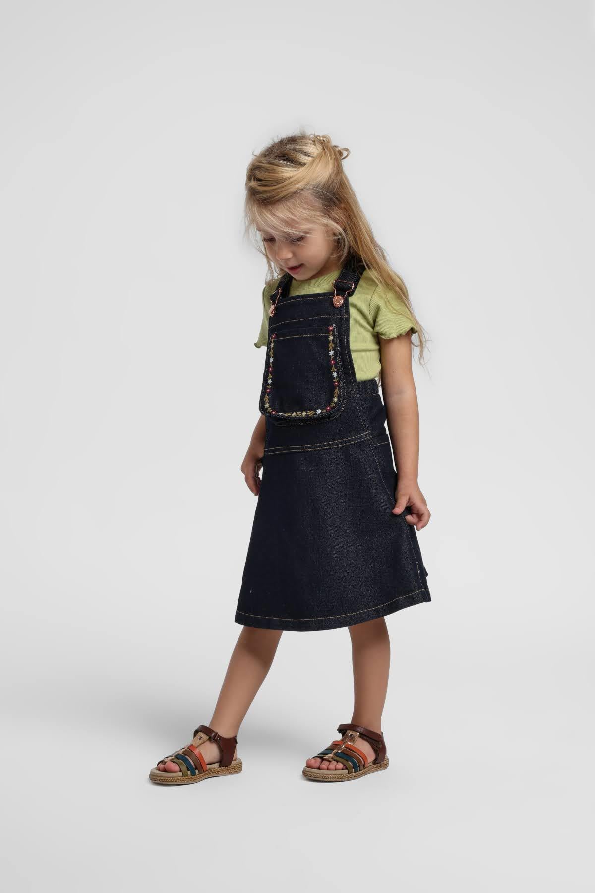 Escabel Kız Bebek 1-5 Yaş Nakış İşlemeli Denim Salopet Lacivert
