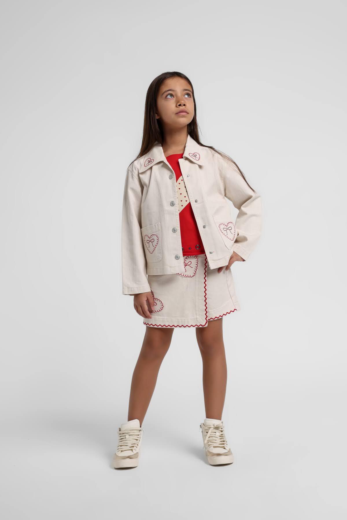 Escabel Kız Bebek 1-5 Yaş Nakış İşlemeli Denim Şort Etek Krem