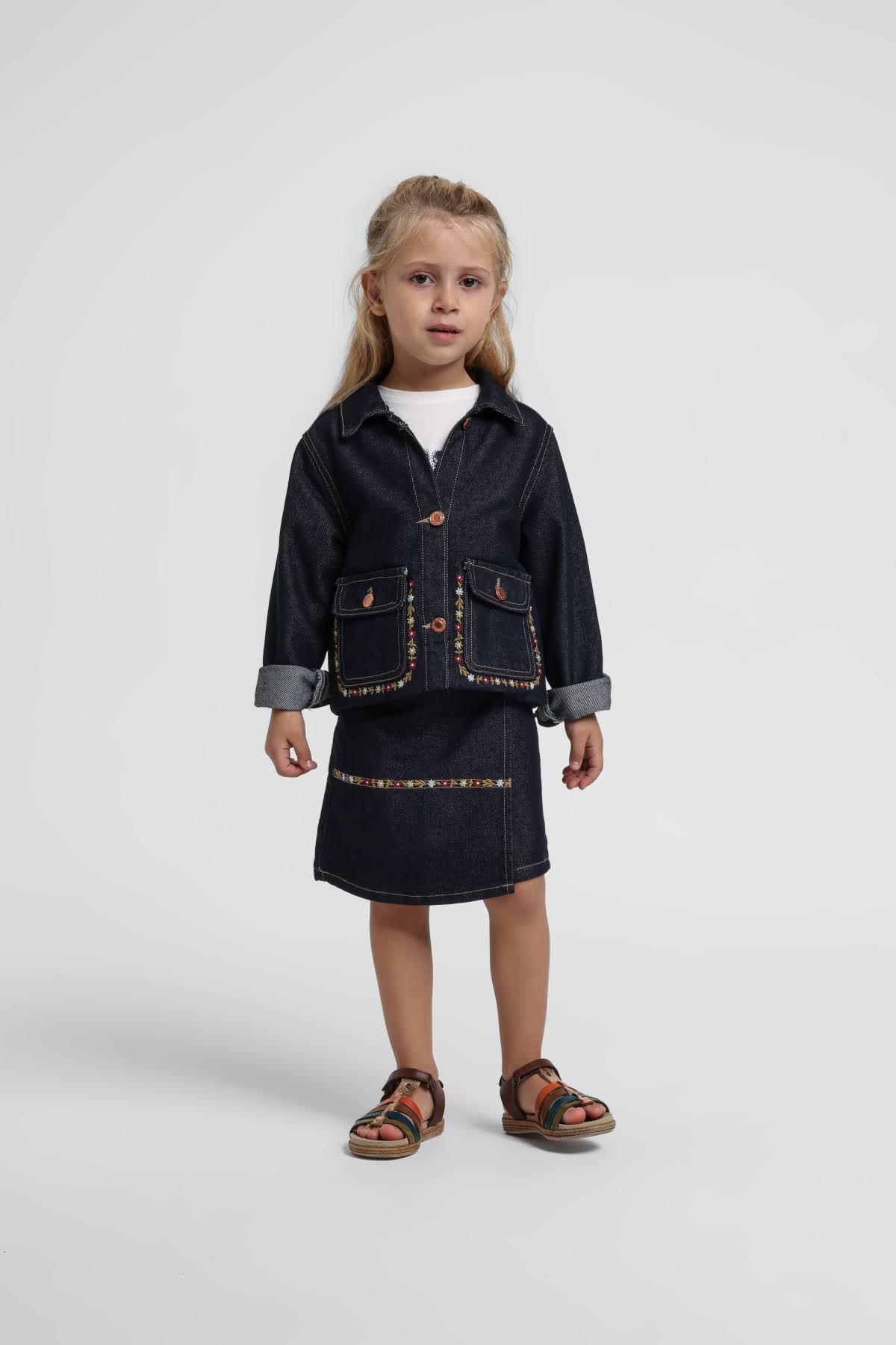 Escabel Kız Bebek 1-5 Yaş Nakışlı Denim Şort Etek Lacivert