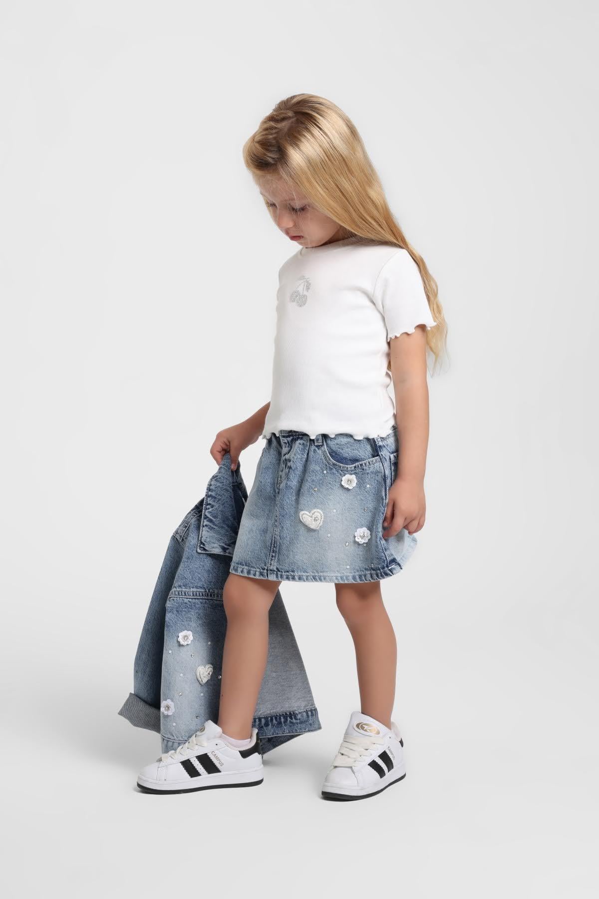 Escabel Kız Bebek 1-5 Yaş Taş İşlemeli Yumuşak Denim Etek Kot Mavi
