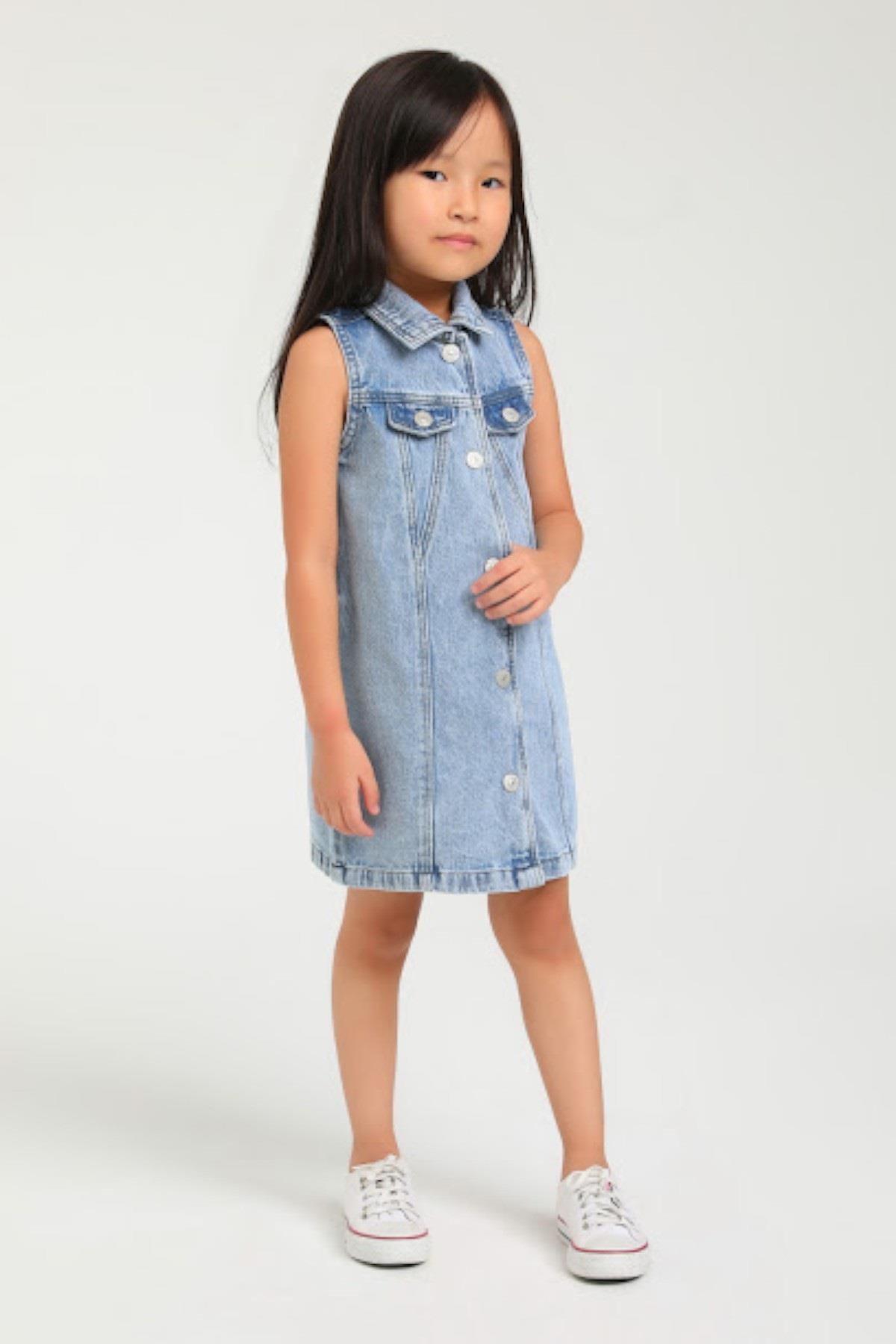 Escabel Kız Çocuk 1-5 Yaş Cepli Denim Elbise Kot Mavi