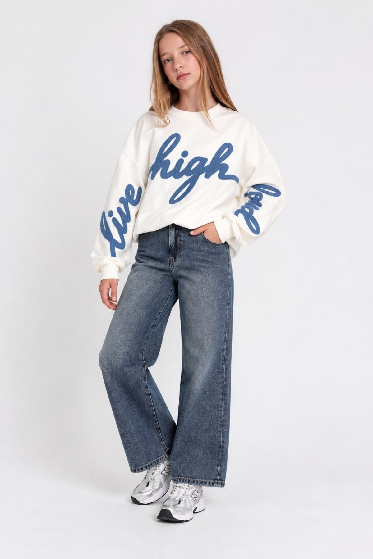 Escabel Kız Çocuk 10-14 Yaş Desenli Büzgülü Crop Sweatshirt Ekru
