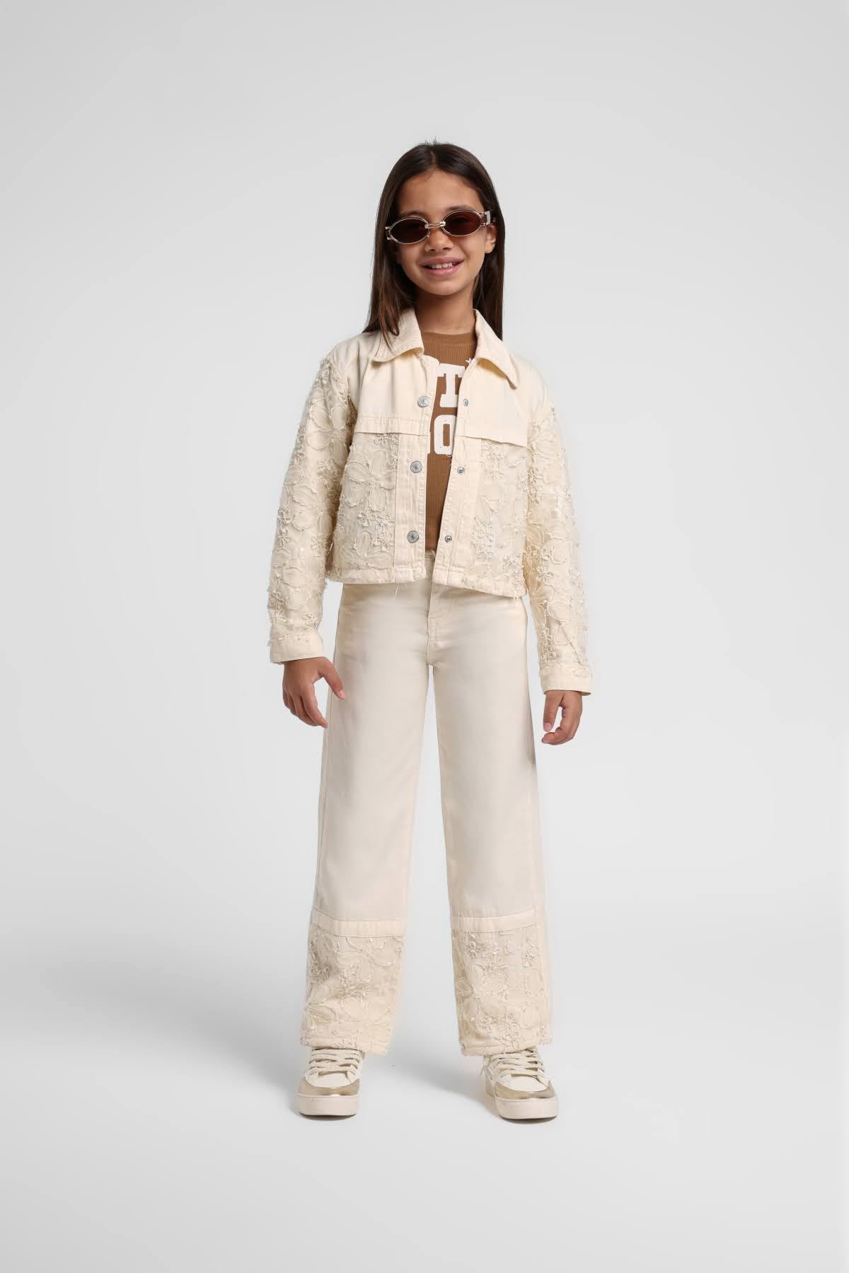 Escabel Kız Çocuk 4-14 Yaş Çiçek Motifli Yumuşak Denim Ceket Krem